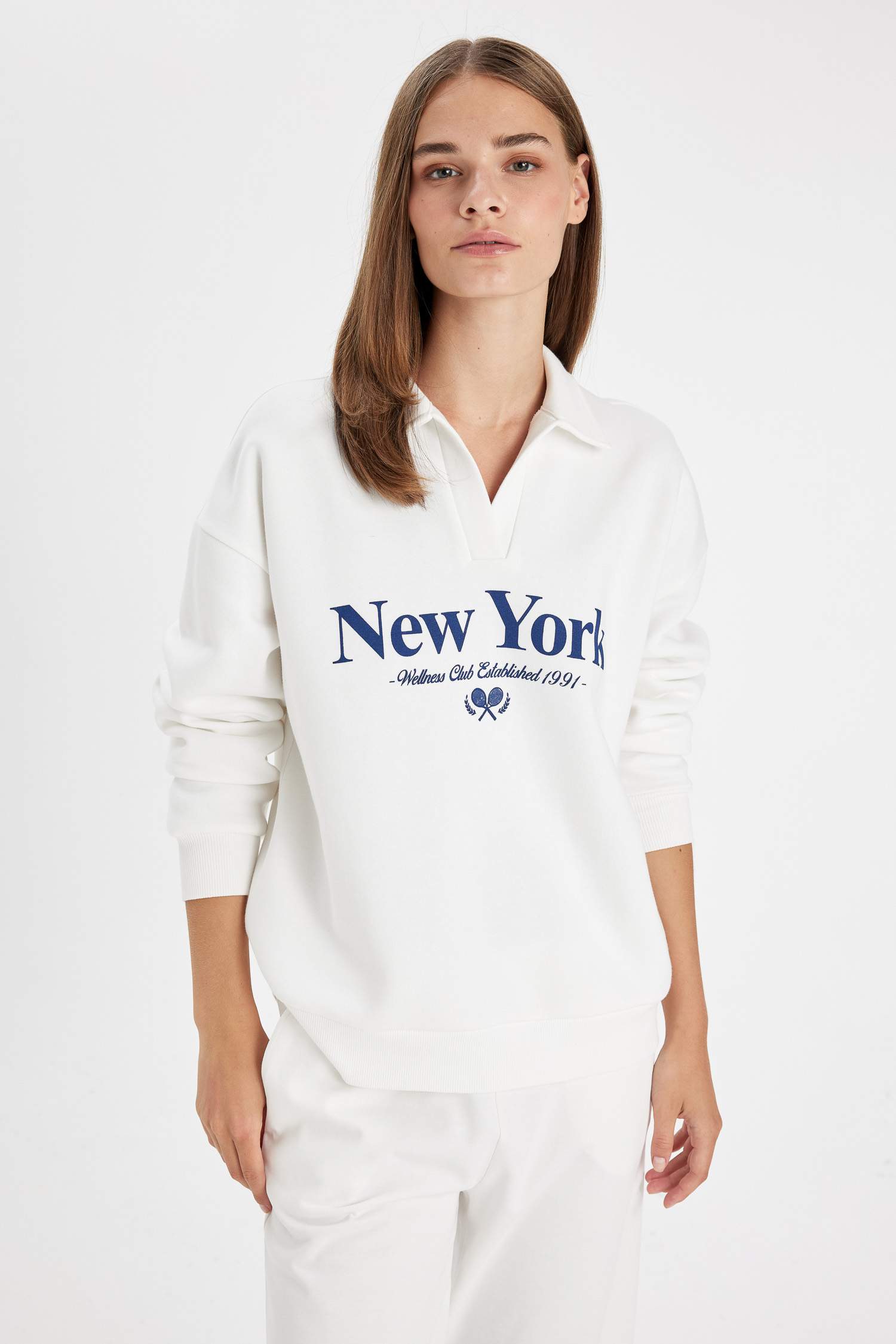 Relax Fit Polo Yaka Baskılı Kalın Sweatshirt