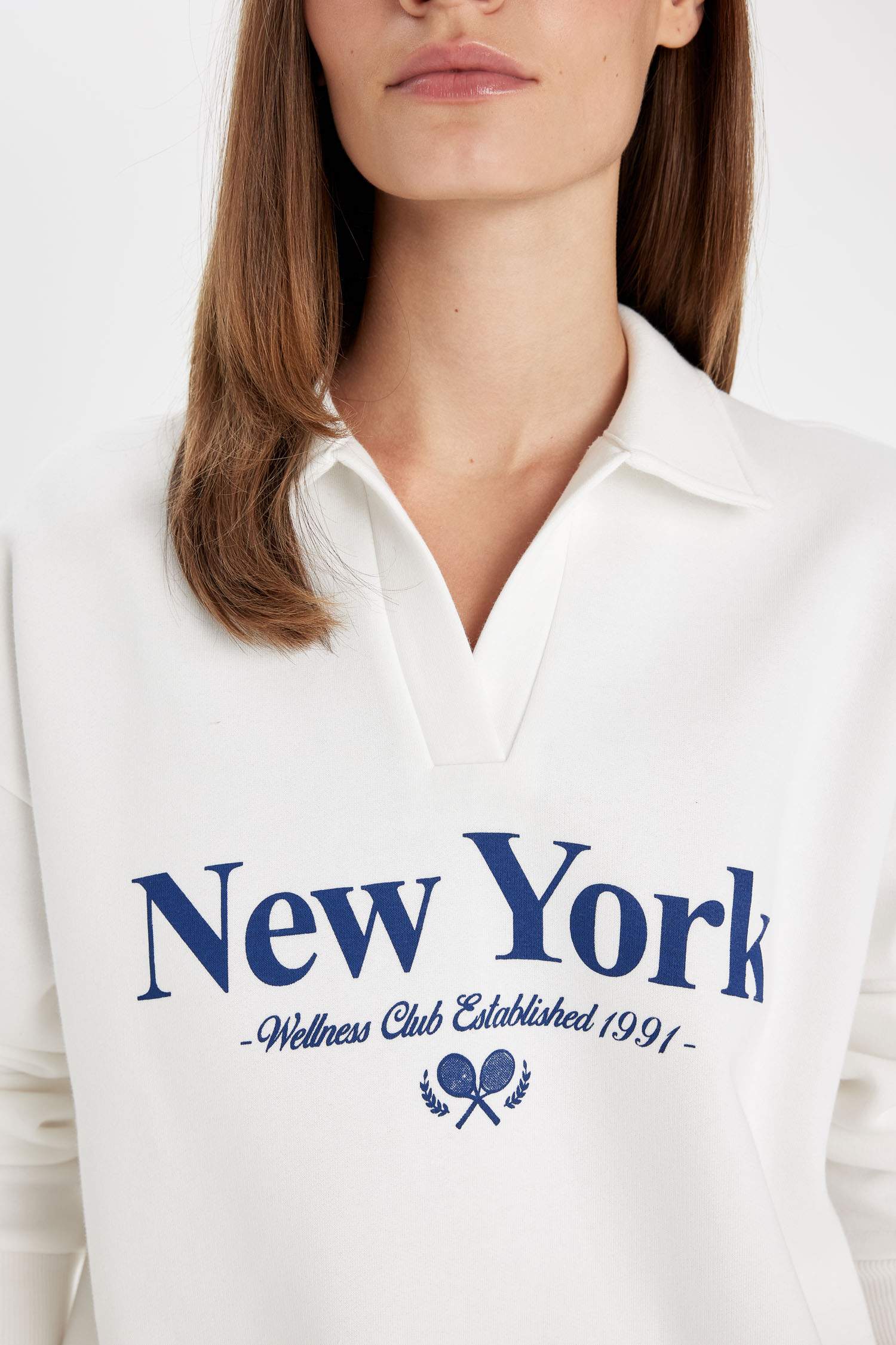 Relax Fit Polo Yaka Baskılı Kalın Sweatshirt