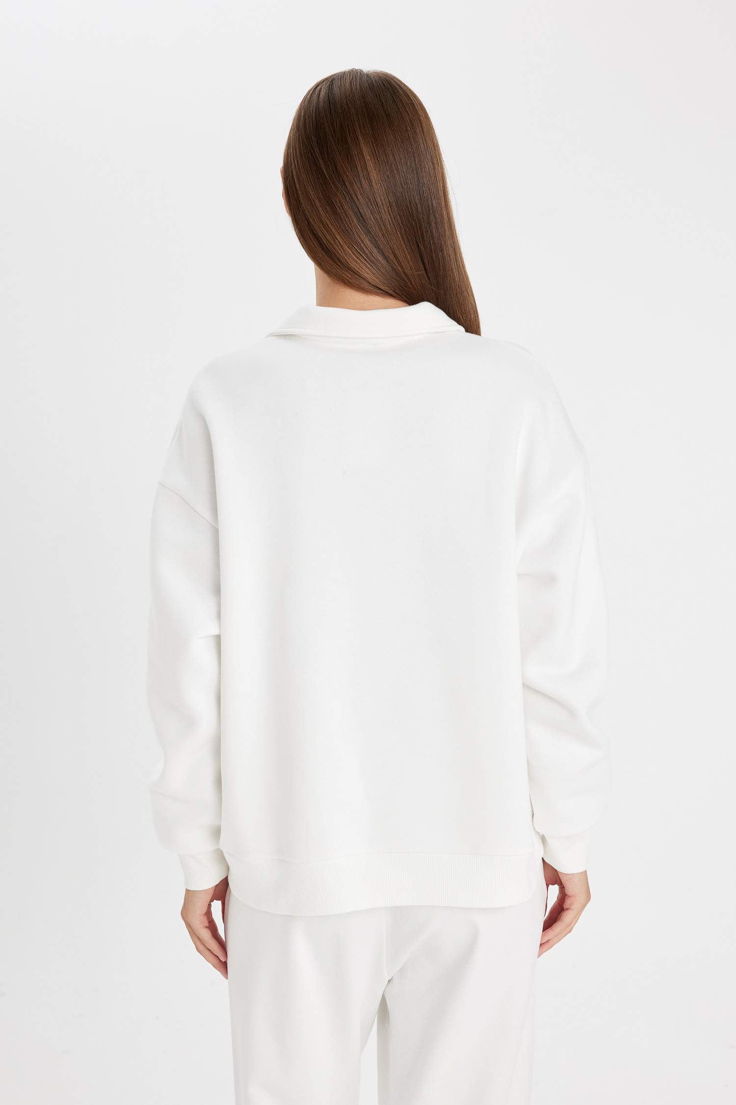 Relax Fit Polo Yaka Baskılı Kalın Sweatshirt