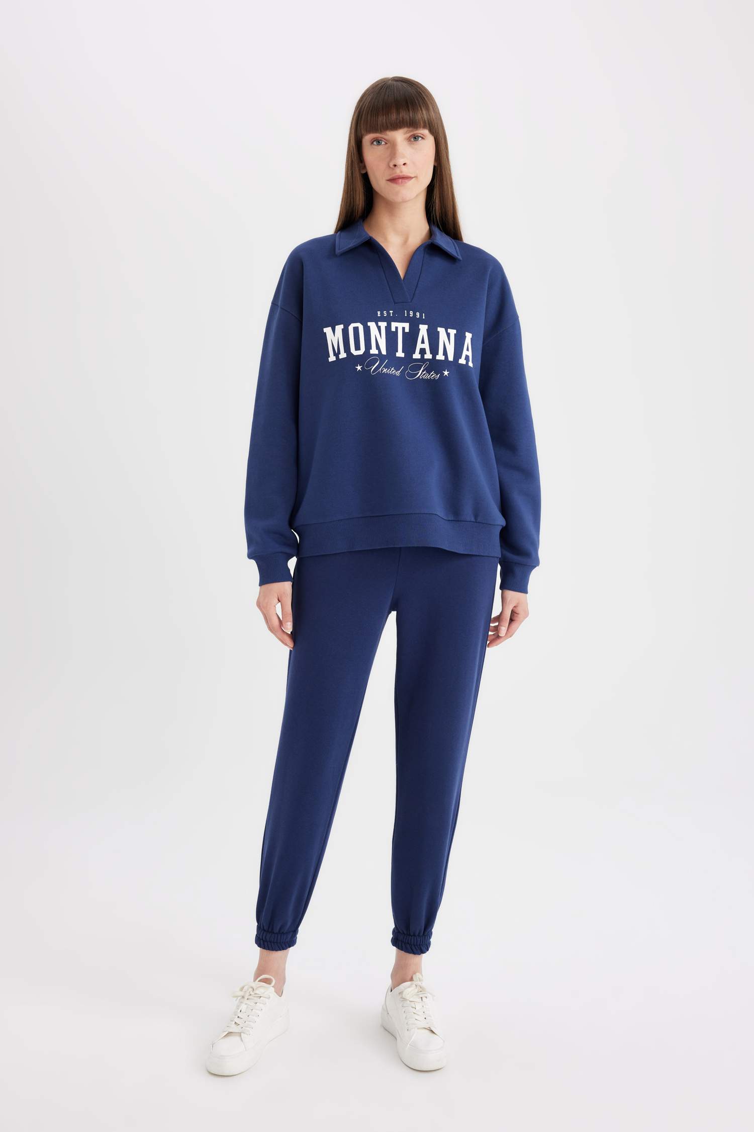 Relax Fit Polo Yaka Baskılı Kalın Sweatshirt