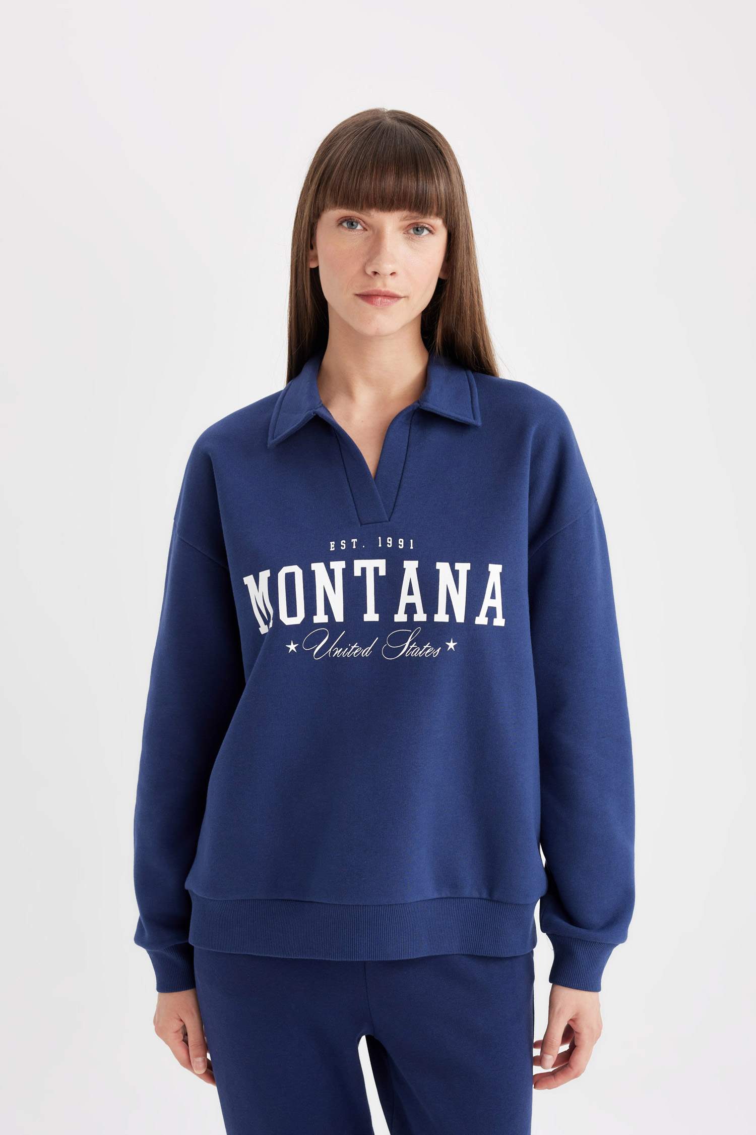 Relax Fit Polo Yaka Baskılı Kalın Sweatshirt