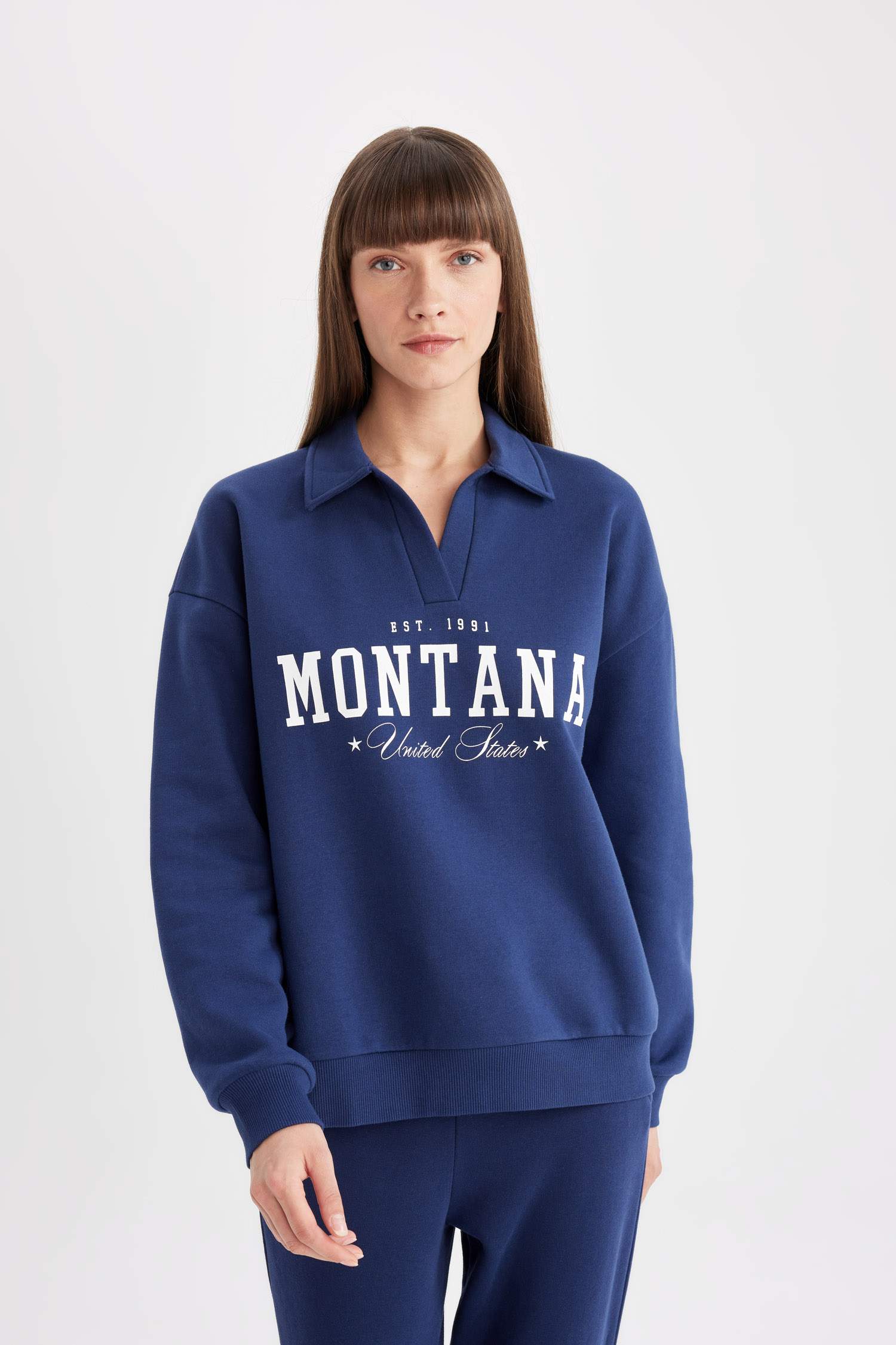 Relax Fit Polo Yaka Baskılı Kalın Sweatshirt