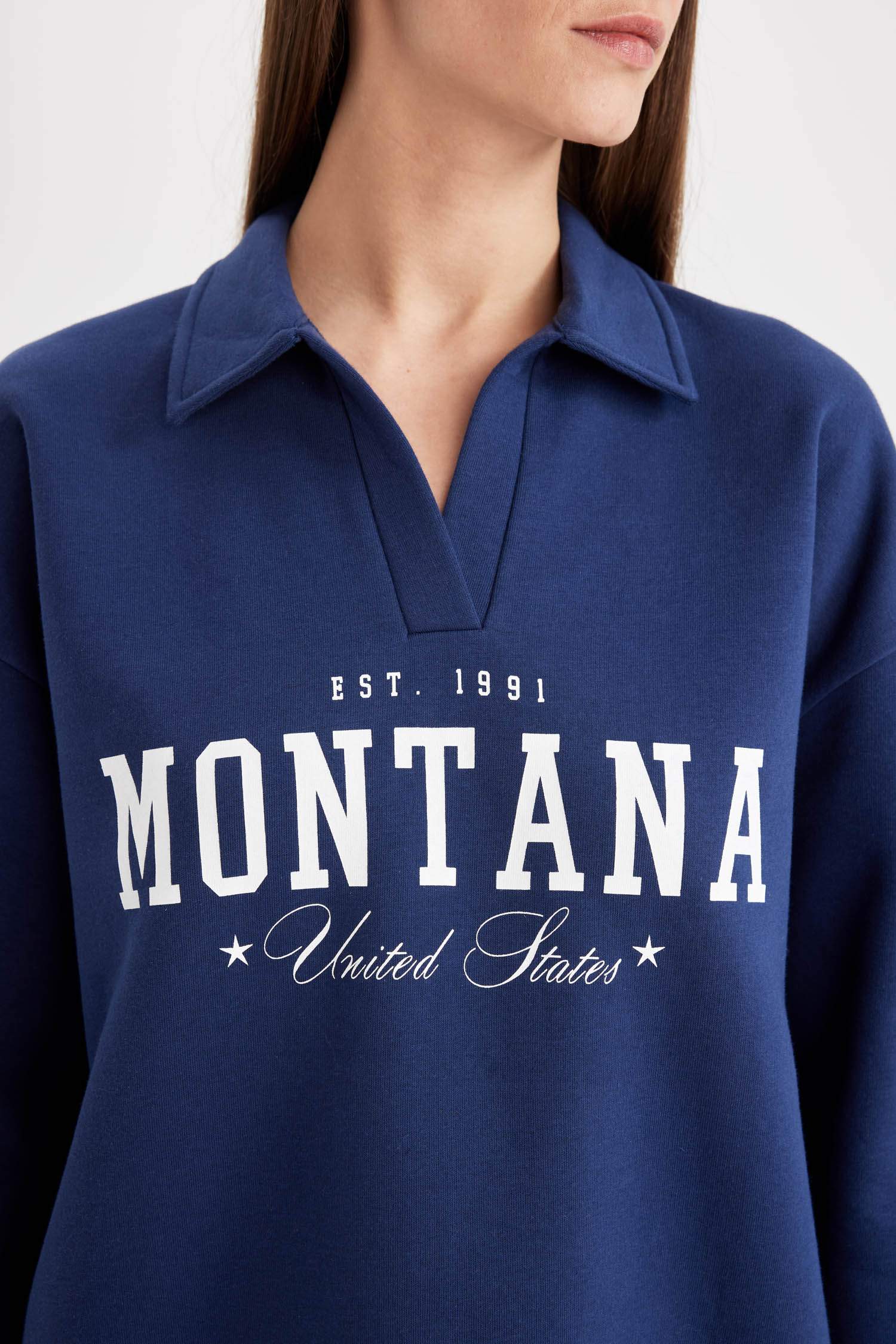 Relax Fit Polo Yaka Baskılı Kalın Sweatshirt