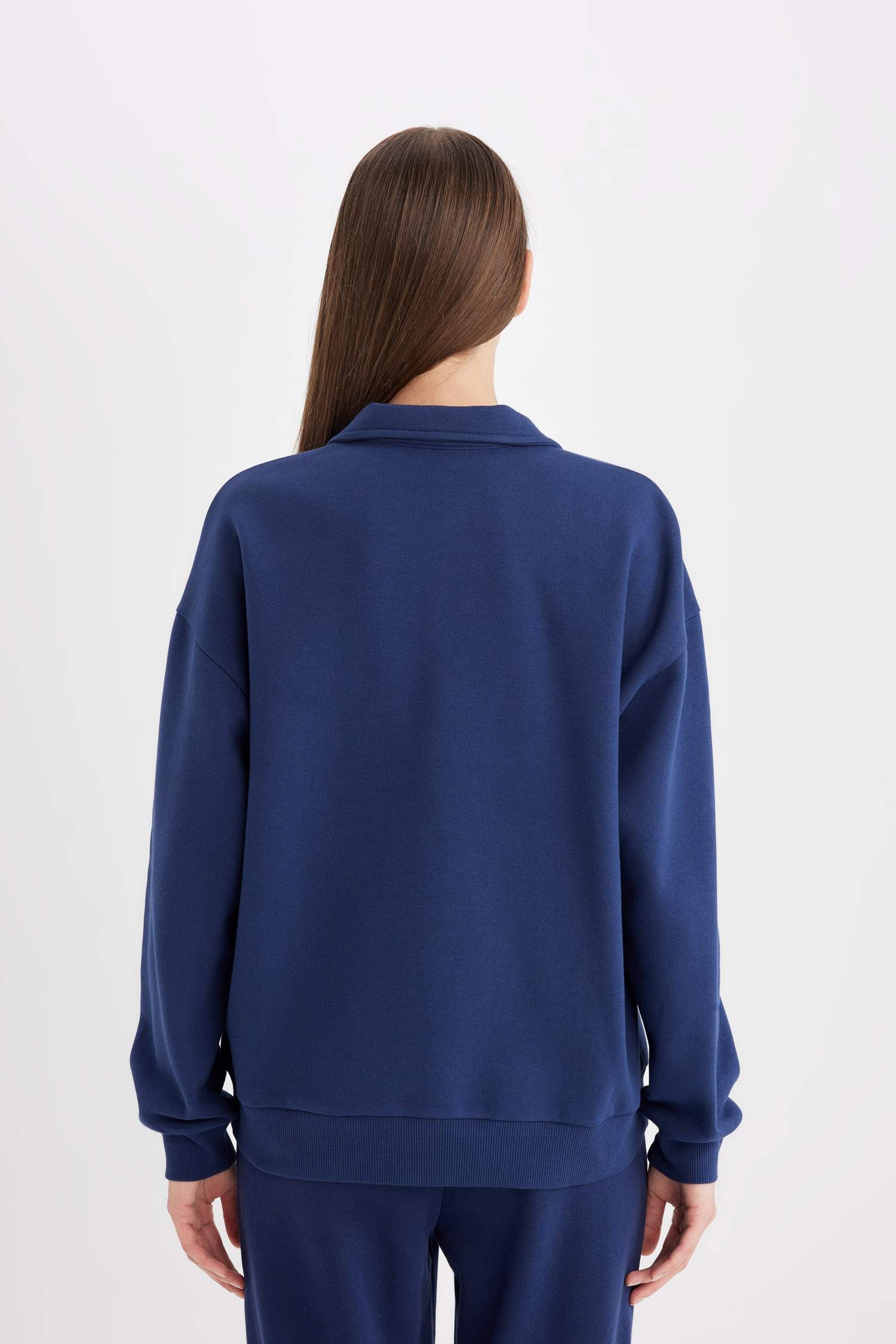 Relax Fit Polo Yaka Baskılı Kalın Sweatshirt