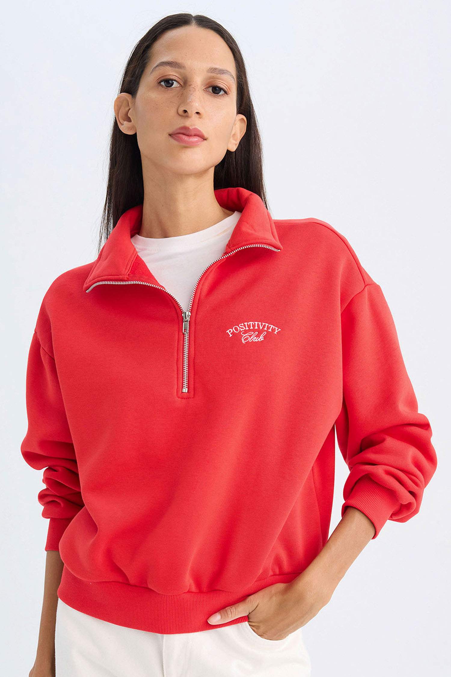 Regular Fit Yarım Fermuarlı Dik Yaka Baskılı Kalın Kırmızı Sweatshirt