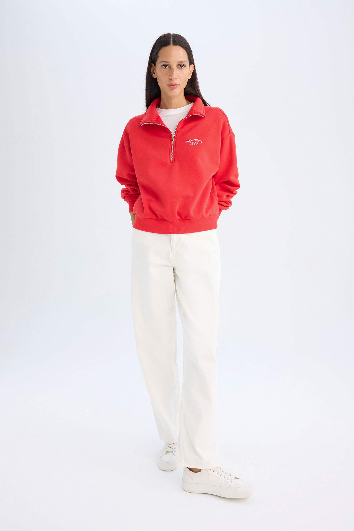 Regular Fit Yarım Fermuarlı Dik Yaka Baskılı Kalın Kırmızı Sweatshirt