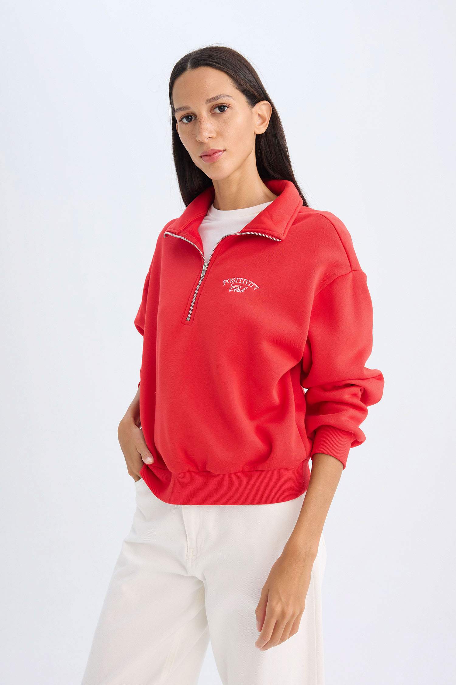 Regular Fit Yarım Fermuarlı Dik Yaka Baskılı Kalın Kırmızı Sweatshirt