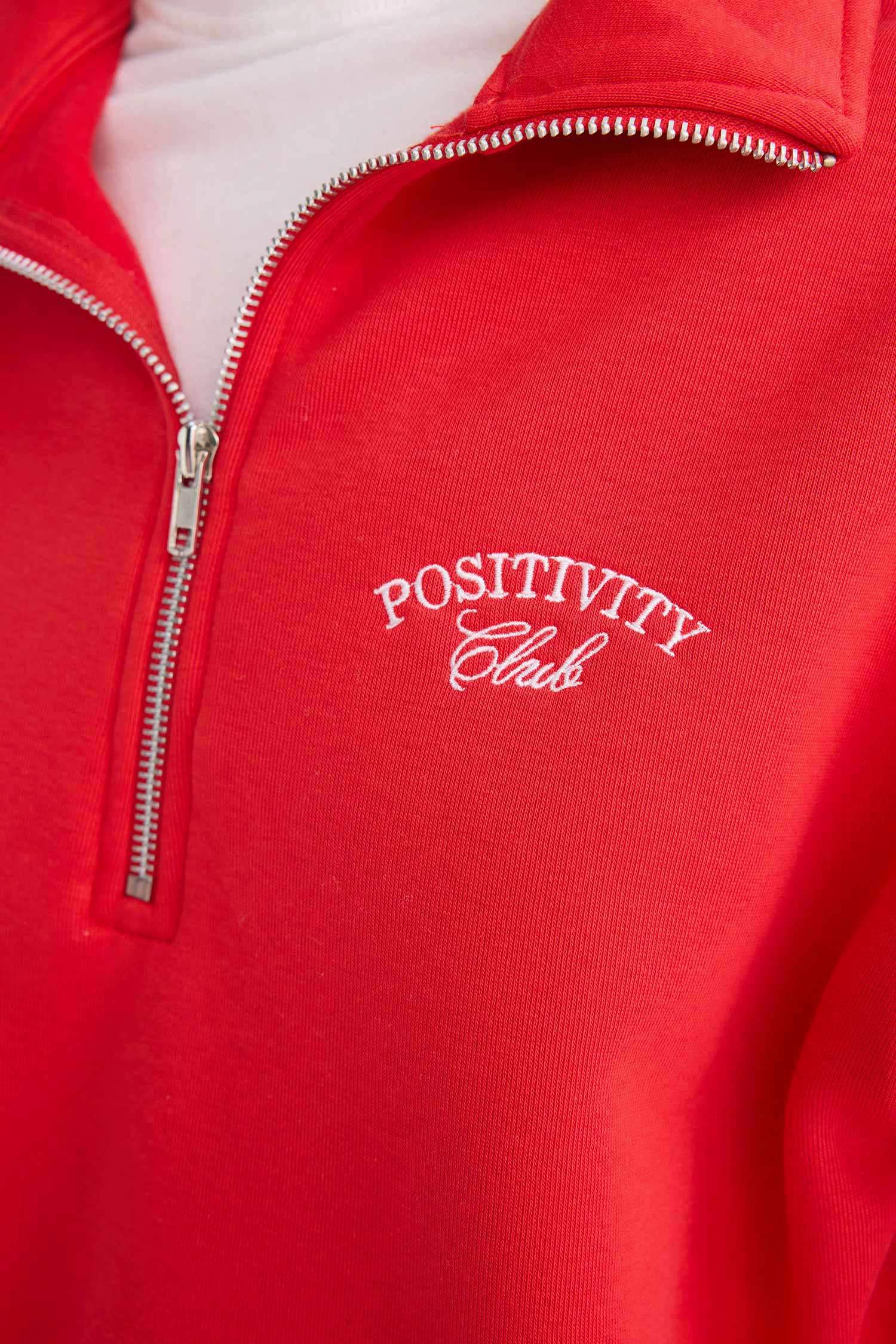 Regular Fit Yarım Fermuarlı Dik Yaka Baskılı Kalın Kırmızı Sweatshirt