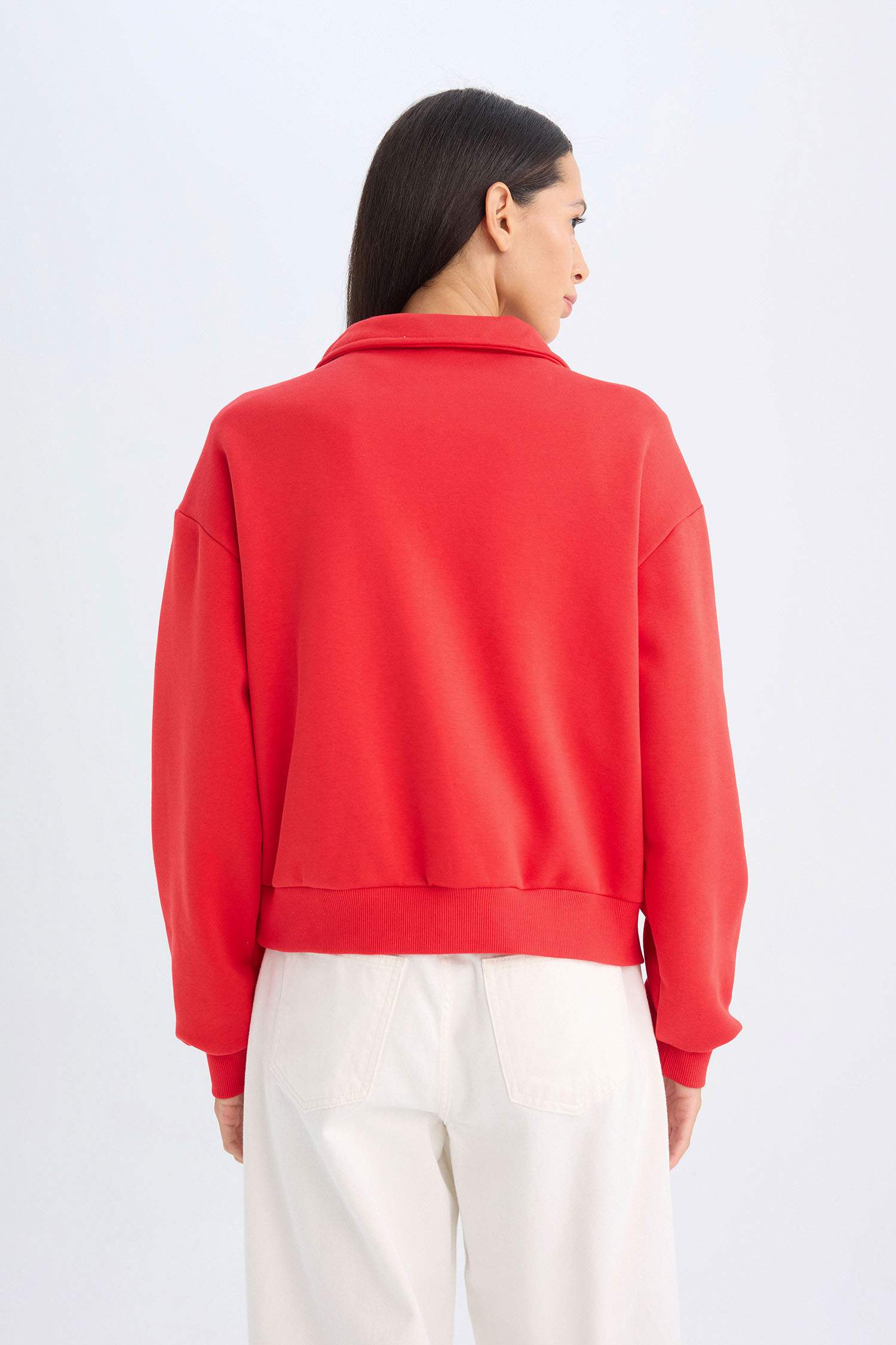 Regular Fit Yarım Fermuarlı Dik Yaka Baskılı Kalın Kırmızı Sweatshirt
