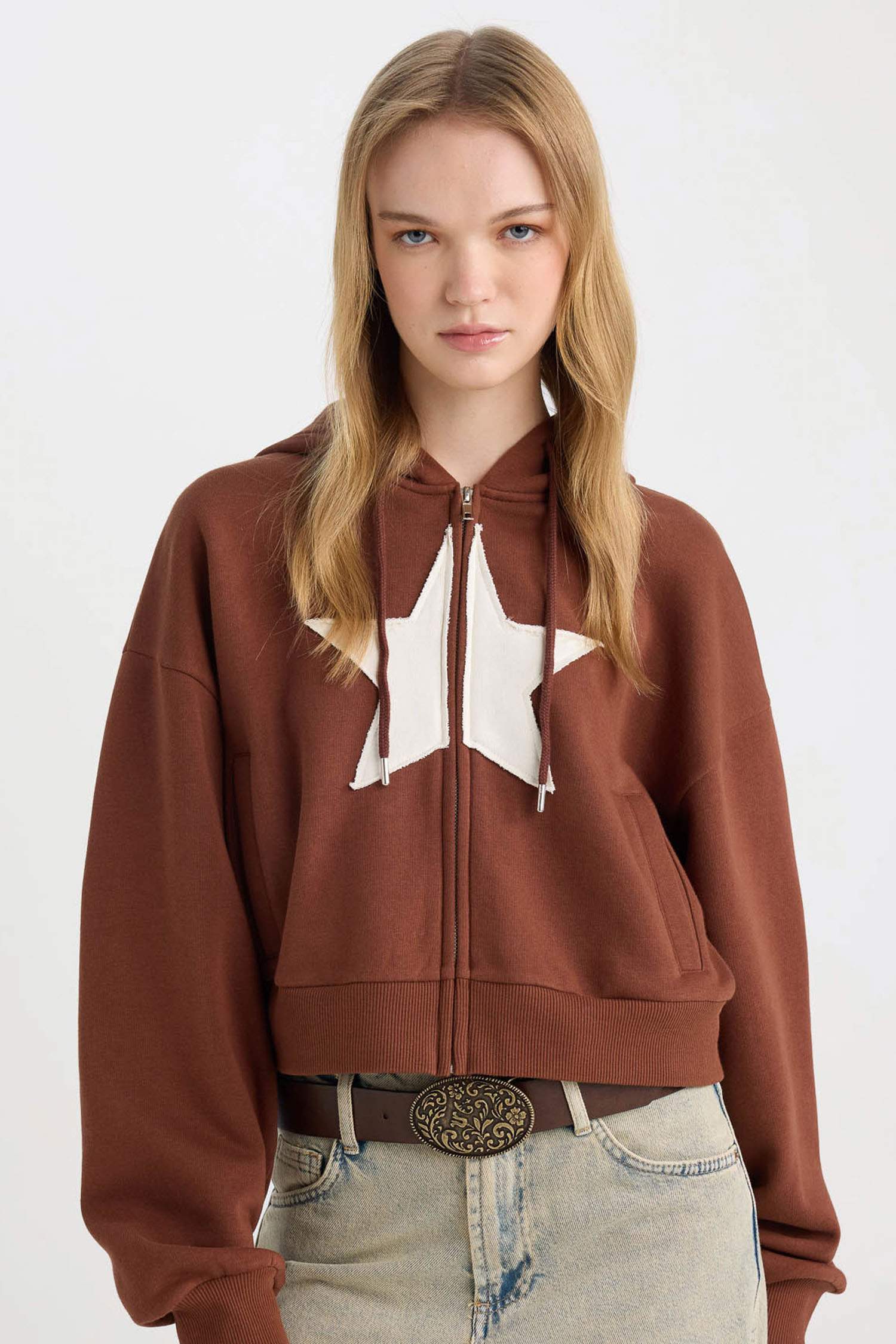 Loose Fit Kapüşonlu Baskılı Kalın Kanguru Cepli Fermuarlı Sweatshirt