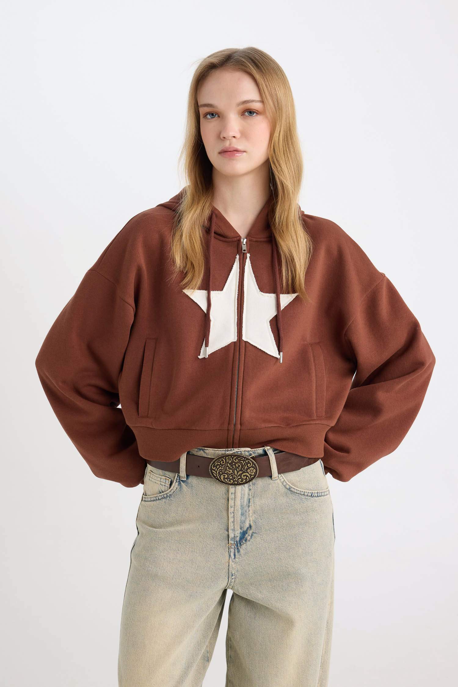 Loose Fit Kapüşonlu Baskılı Kalın Kanguru Cepli Fermuarlı Sweatshirt