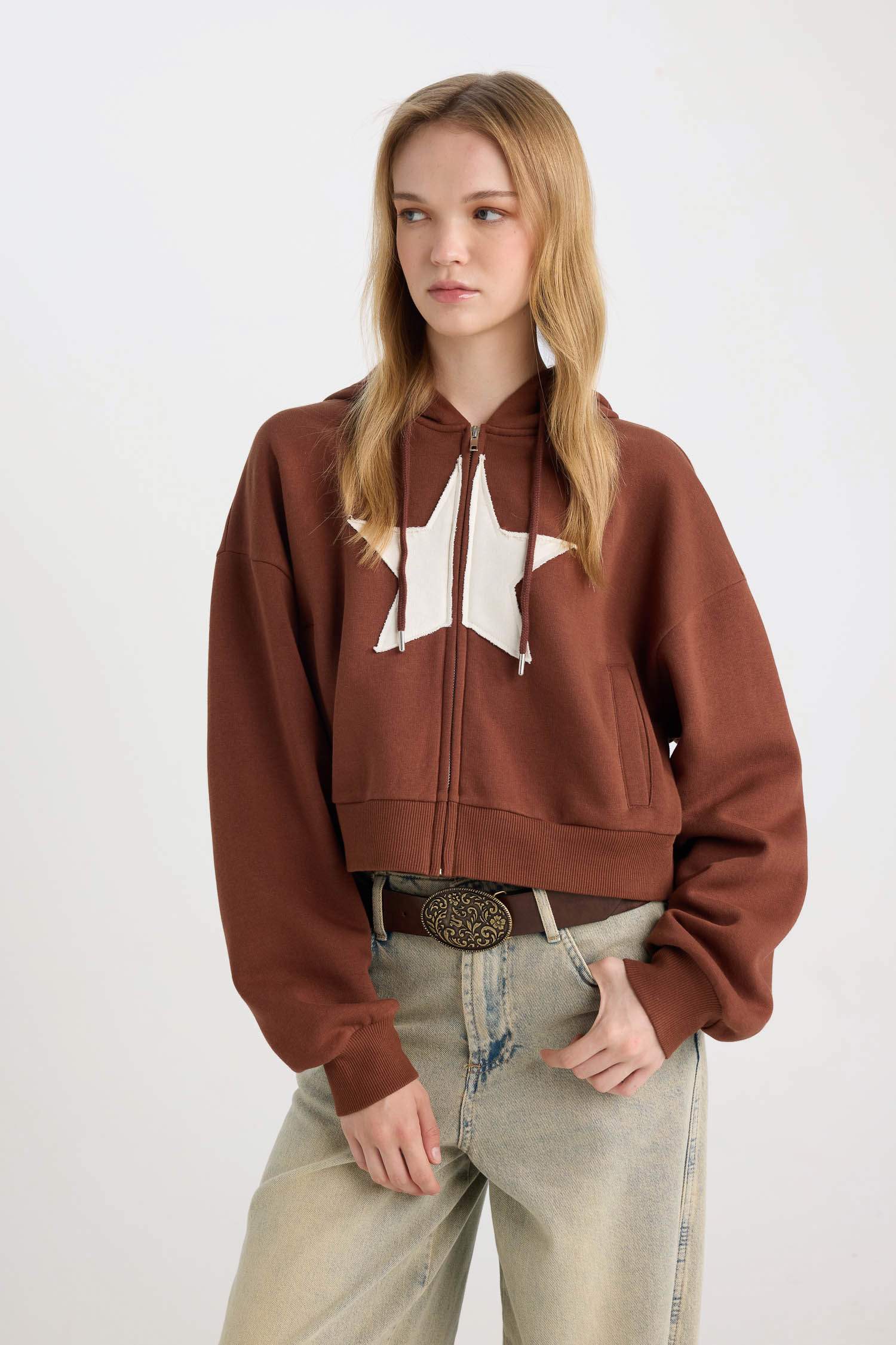 Loose Fit Kapüşonlu Baskılı Kalın Kanguru Cepli Fermuarlı Sweatshirt