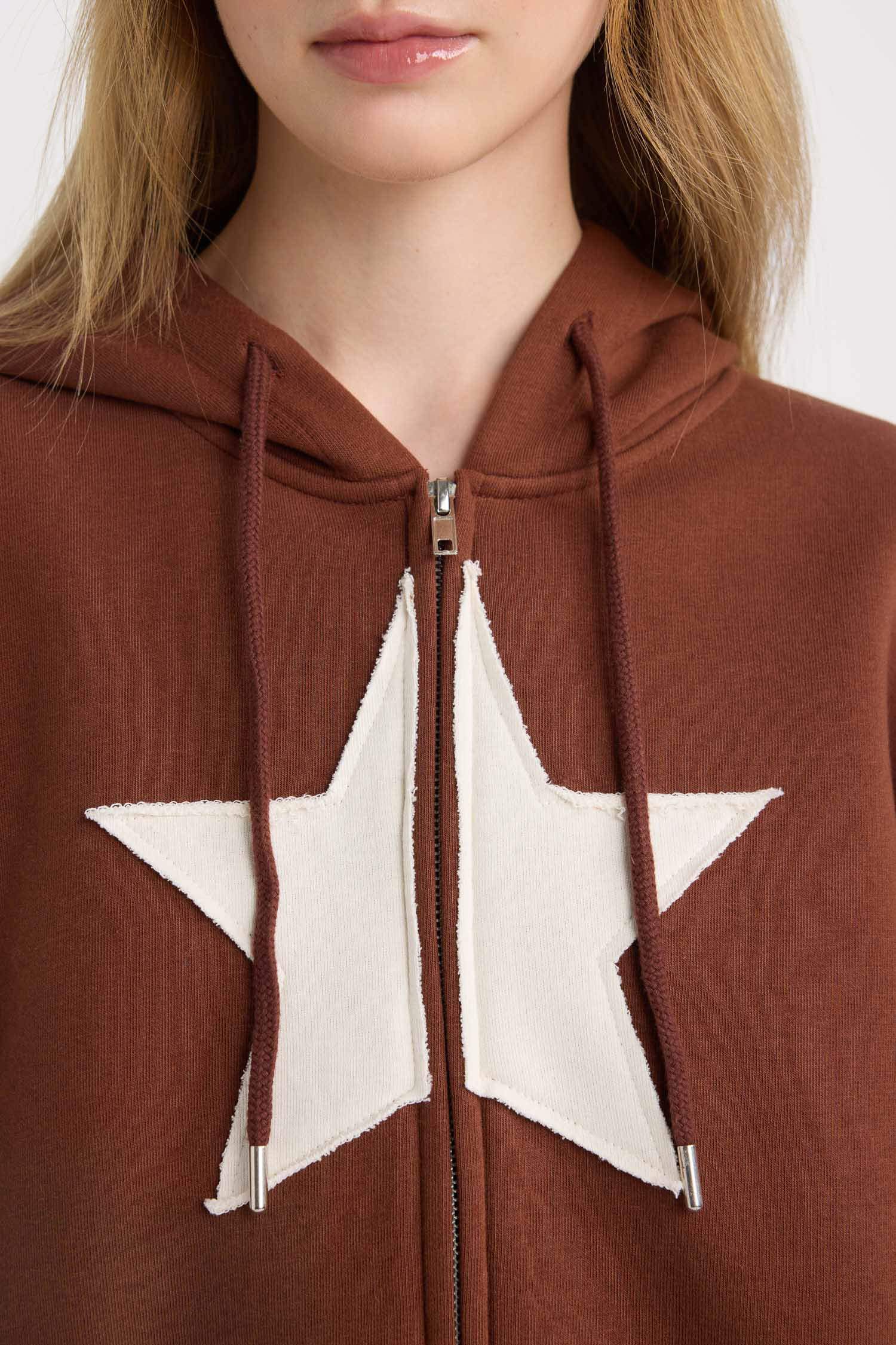 Loose Fit Kapüşonlu Baskılı Kalın Kanguru Cepli Fermuarlı Sweatshirt