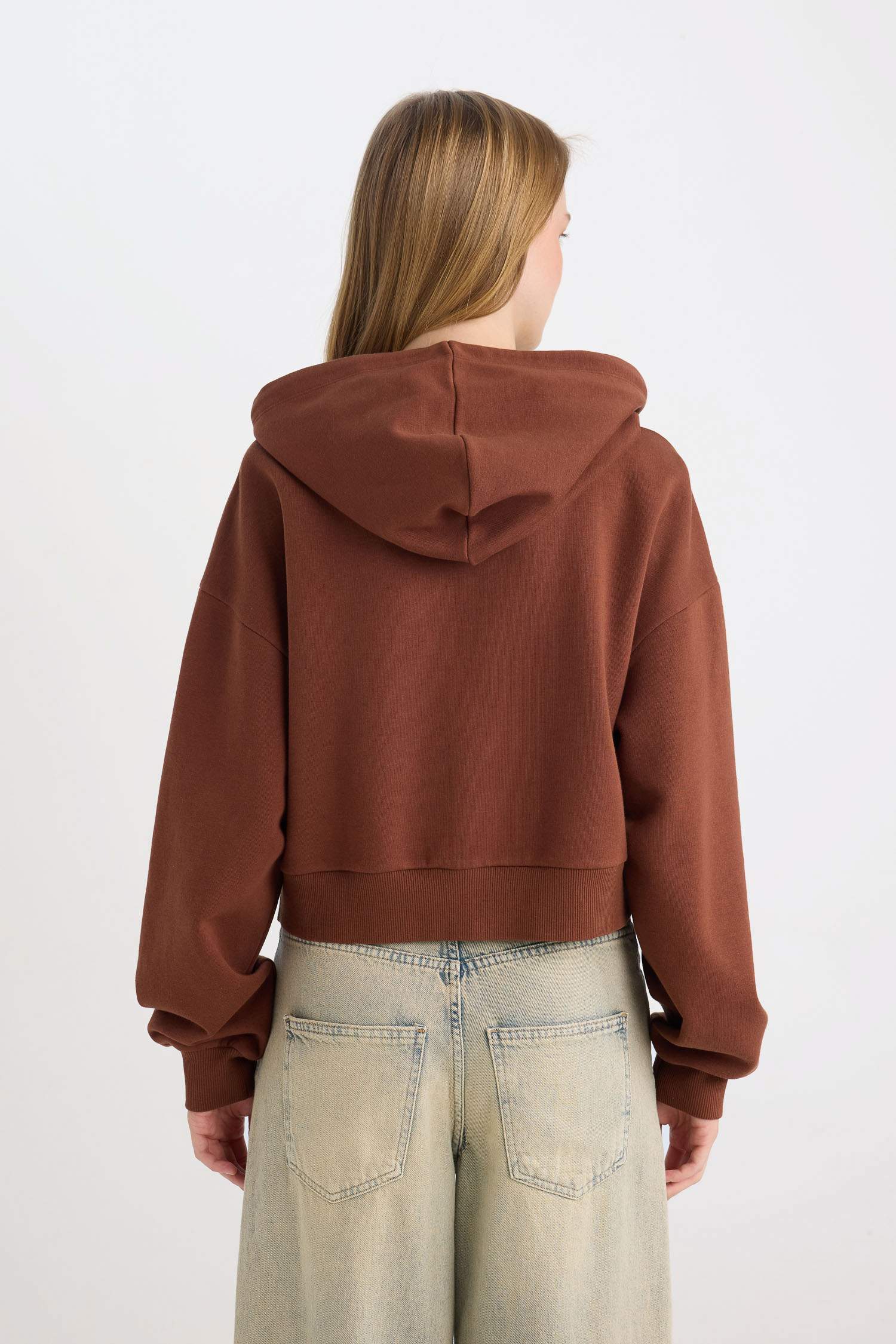 Loose Fit Kapüşonlu Baskılı Kalın Kanguru Cepli Fermuarlı Sweatshirt