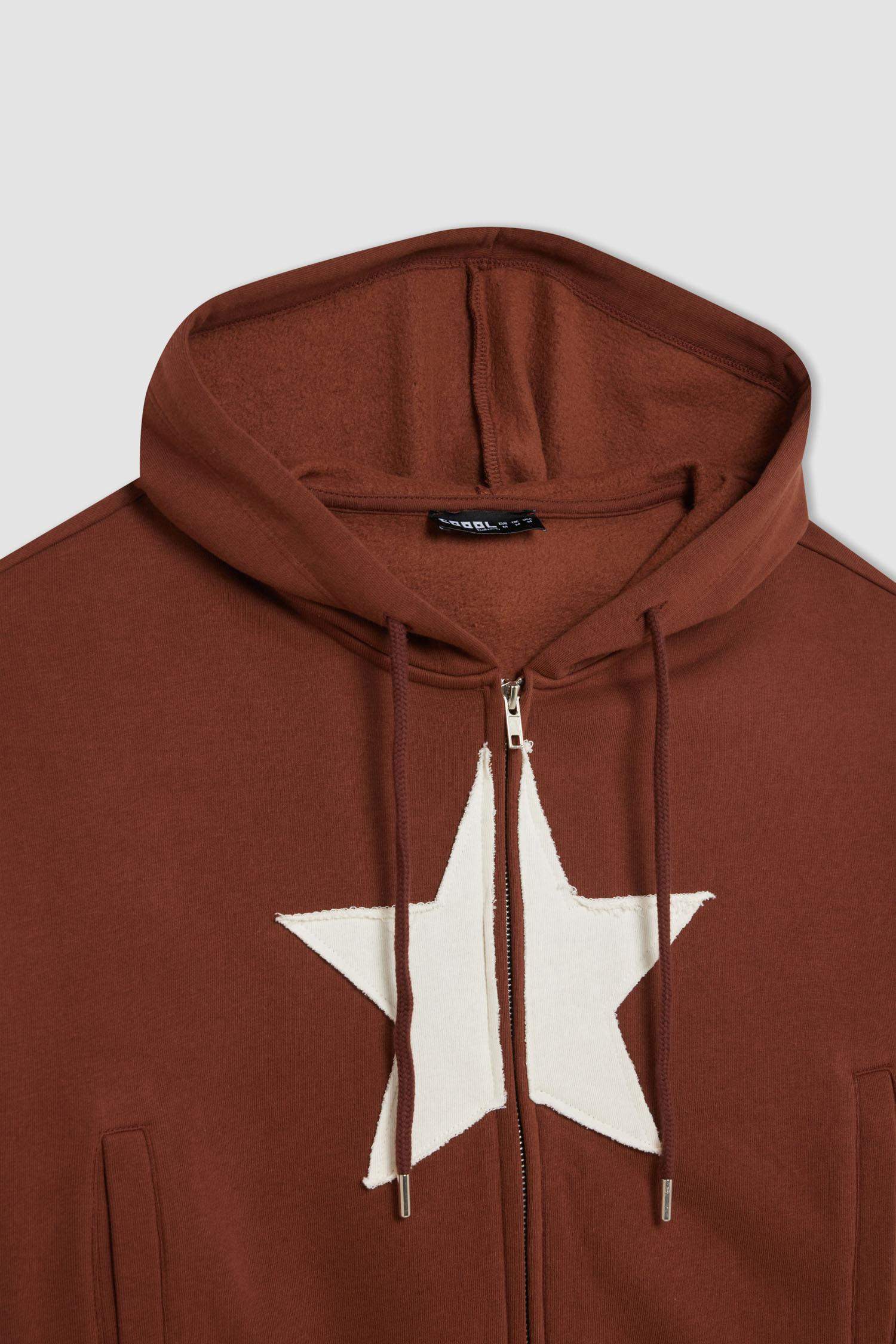 Loose Fit Kapüşonlu Baskılı Kalın Kanguru Cepli Fermuarlı Sweatshirt