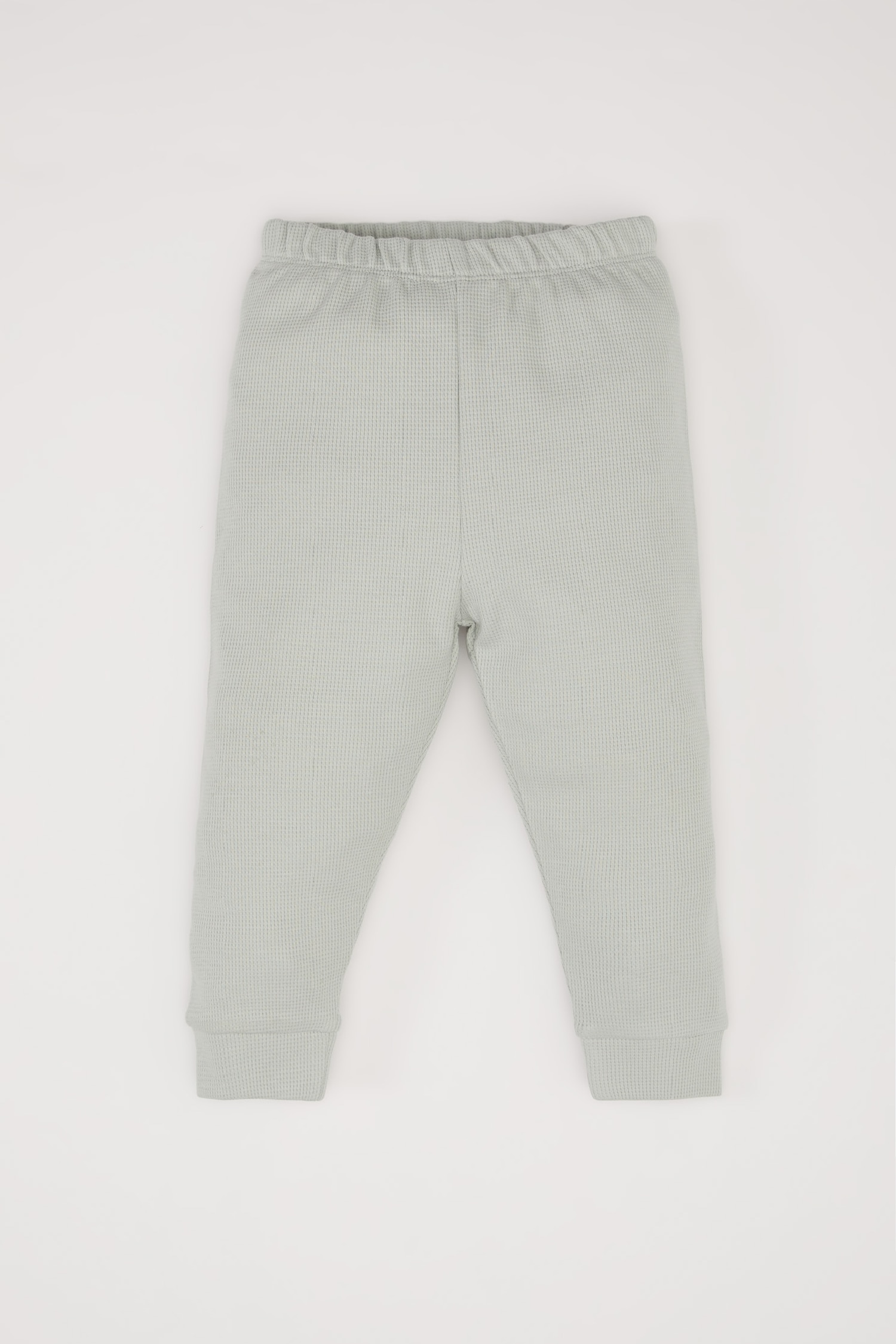 Erkek Bebek Pijama Takımı Waffle Bisiklet Yaka Ayı Baskılı Uzun Kollu Üst Beli Lastikli Uzun Alt 