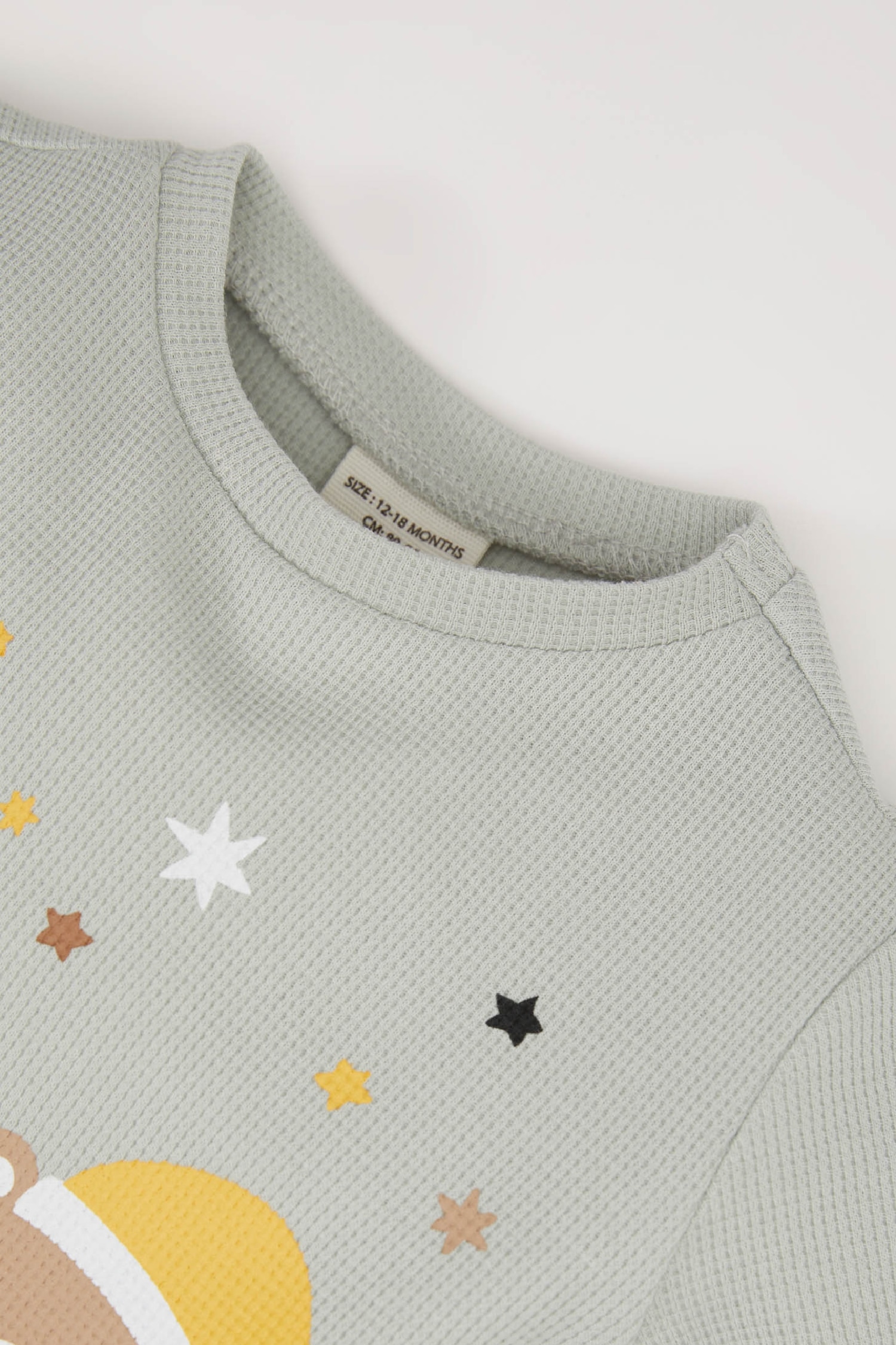 Erkek Bebek Pijama Takımı Waffle Bisiklet Yaka Ayı Baskılı Uzun Kollu Üst Beli Lastikli Uzun Alt 