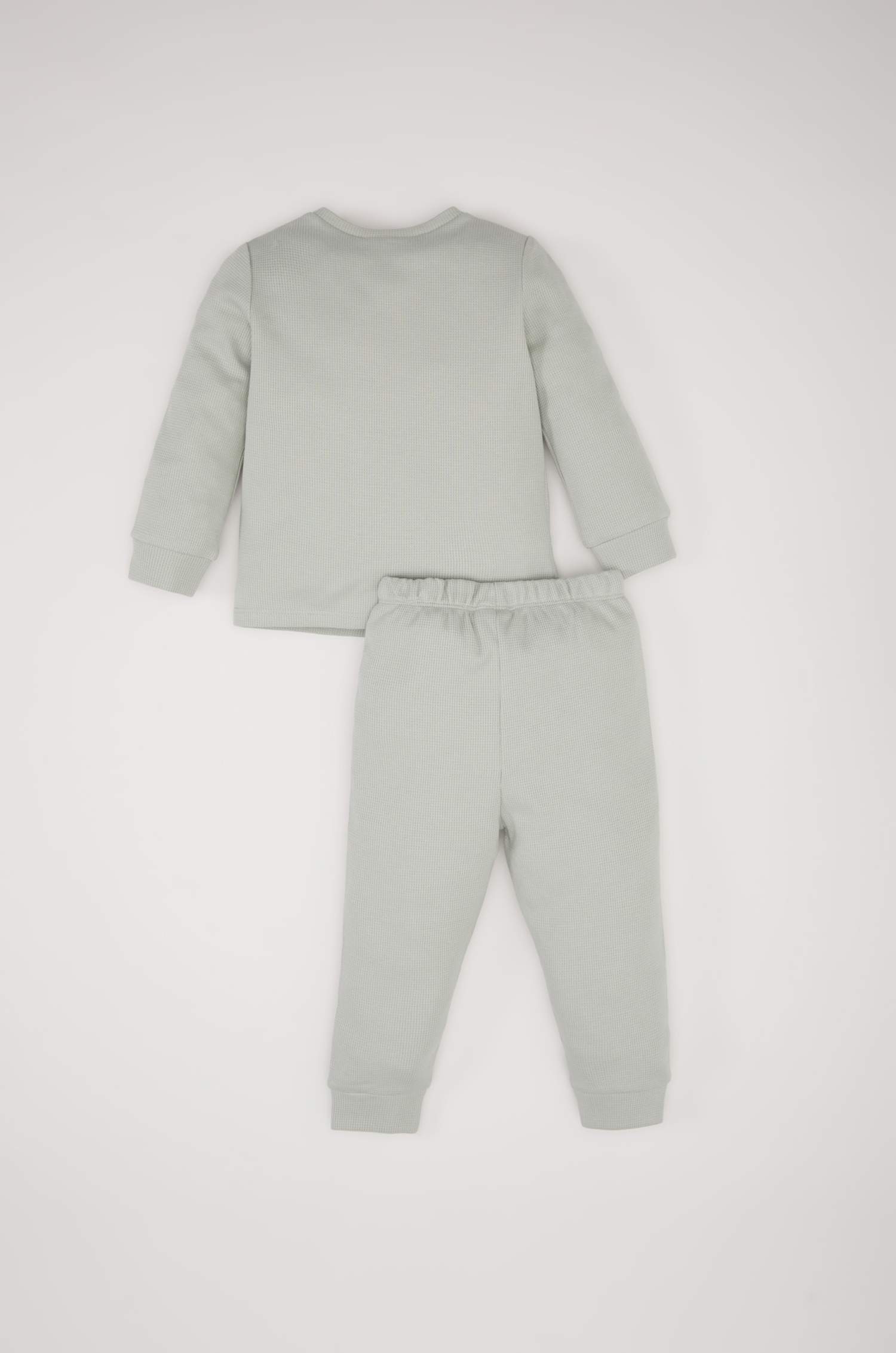 Erkek Bebek Pijama Takımı Waffle Bisiklet Yaka Ayı Baskılı Uzun Kollu Üst Beli Lastikli Uzun Alt 