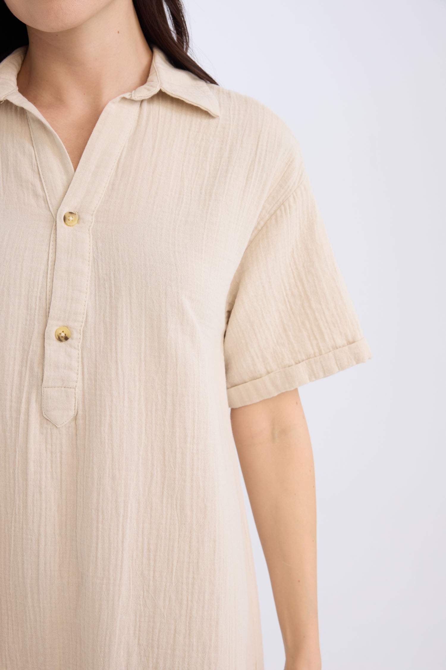 فستان قصير سامبل نص كم موسلين قصة عادية برقبة بولو