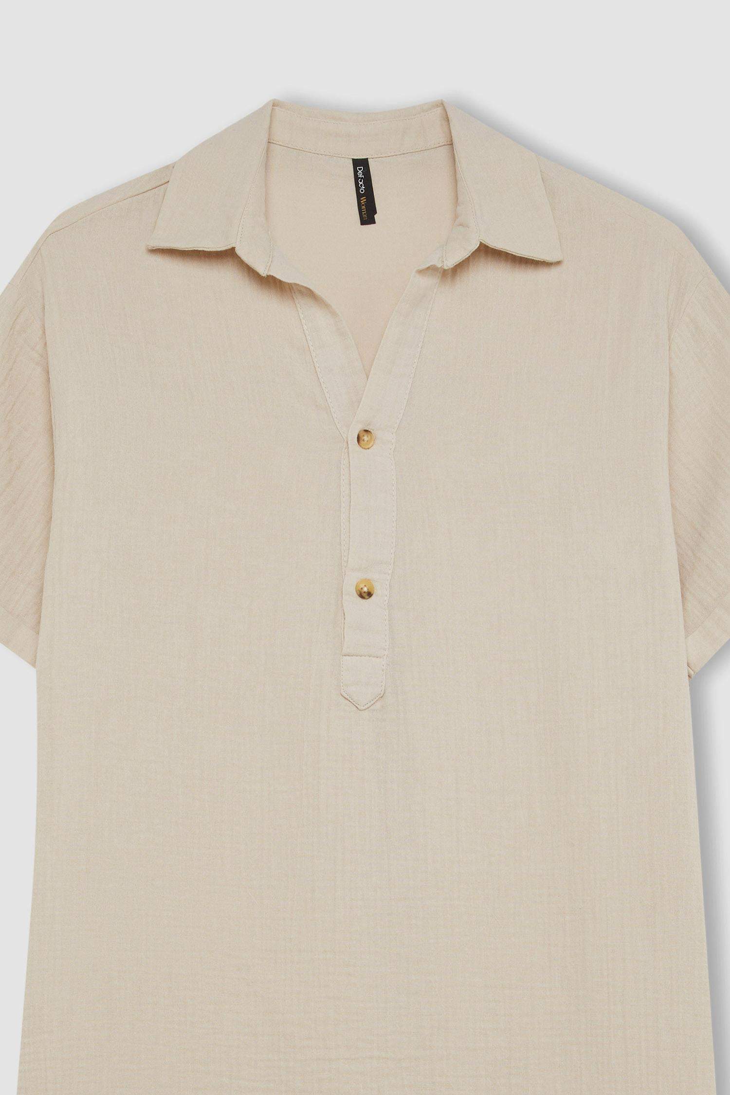 فستان قصير سامبل نص كم موسلين قصة عادية برقبة بولو