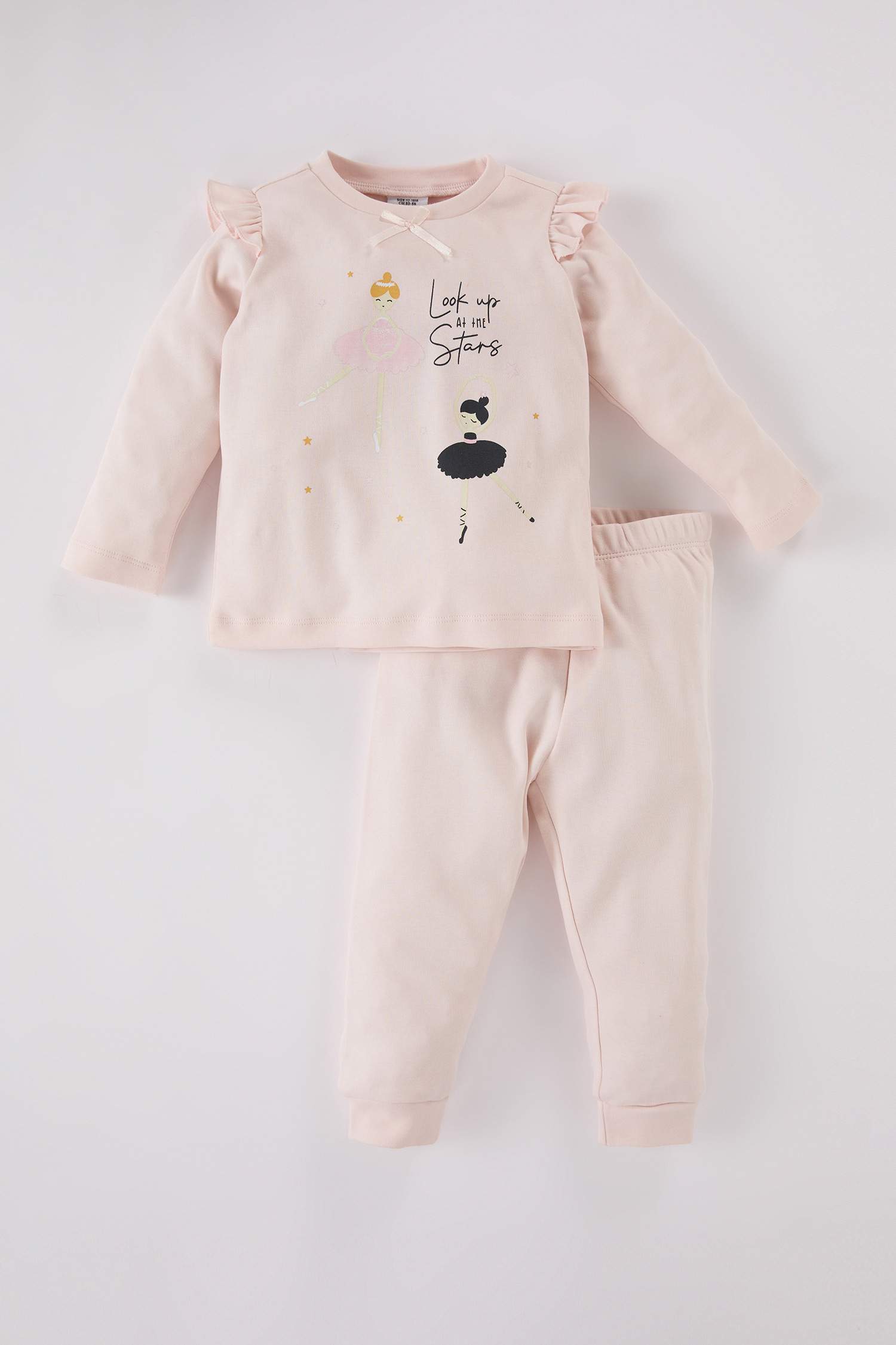 Kız Bebek Pijama Takımı Balerin Baskılı Uzun Kollu Üst Beli Lastikli Uzun Alt