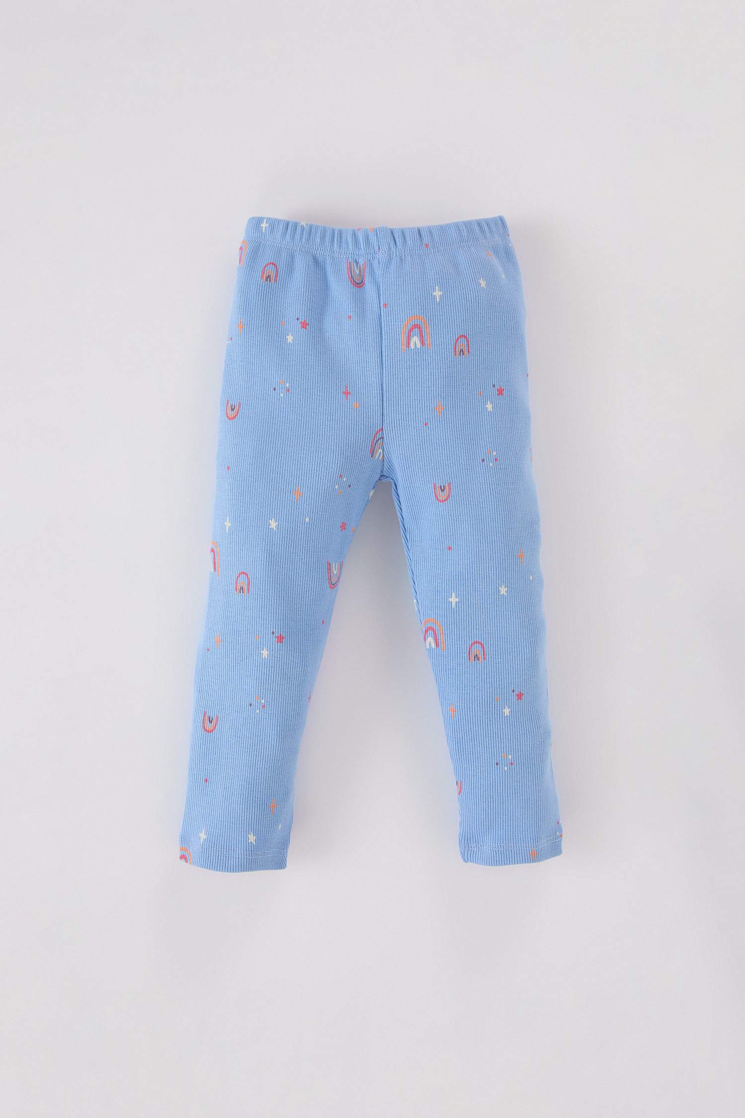 Kız Bebek Pijama Takımı Gökkuşağı Baskılı Uzun Kollu Fitilli Kaşkorse Üst Uzun Alt