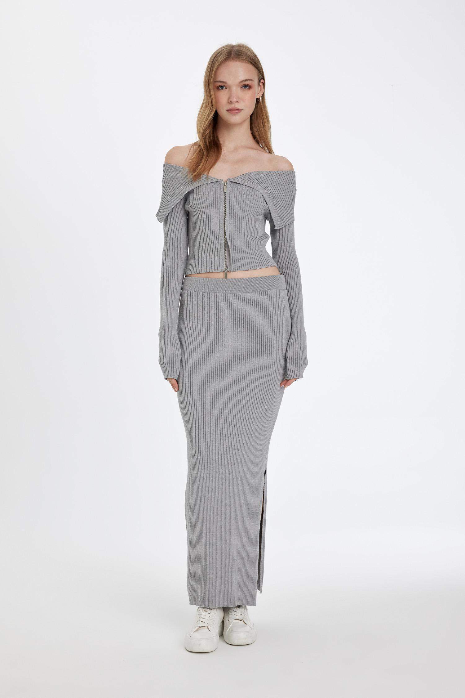 Slim Fit Dar Kesim Açık Omuz Basic Düz Fermuarlı Triko Hırka