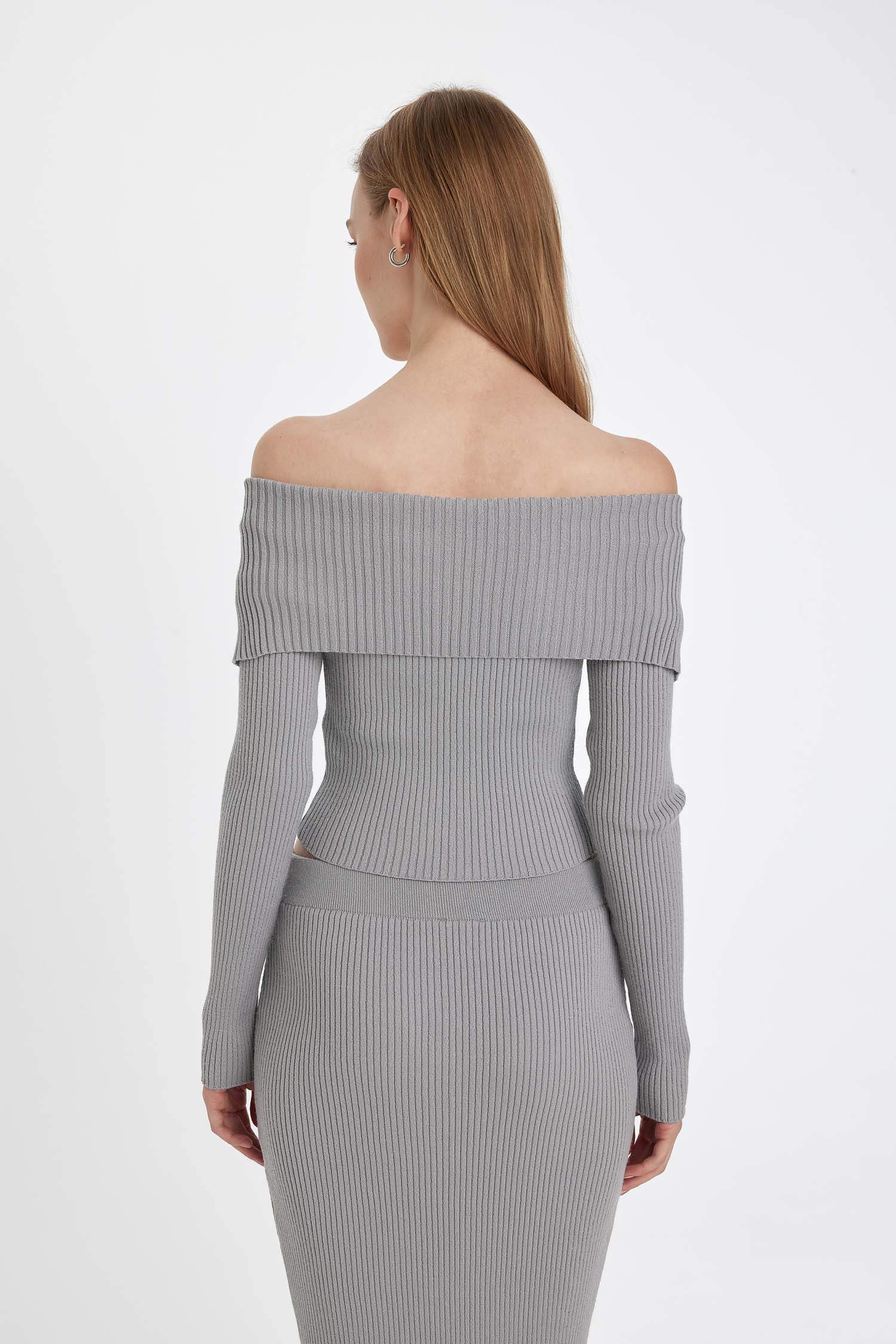 Slim Fit Dar Kesim Açık Omuz Basic Düz Fermuarlı Triko Hırka