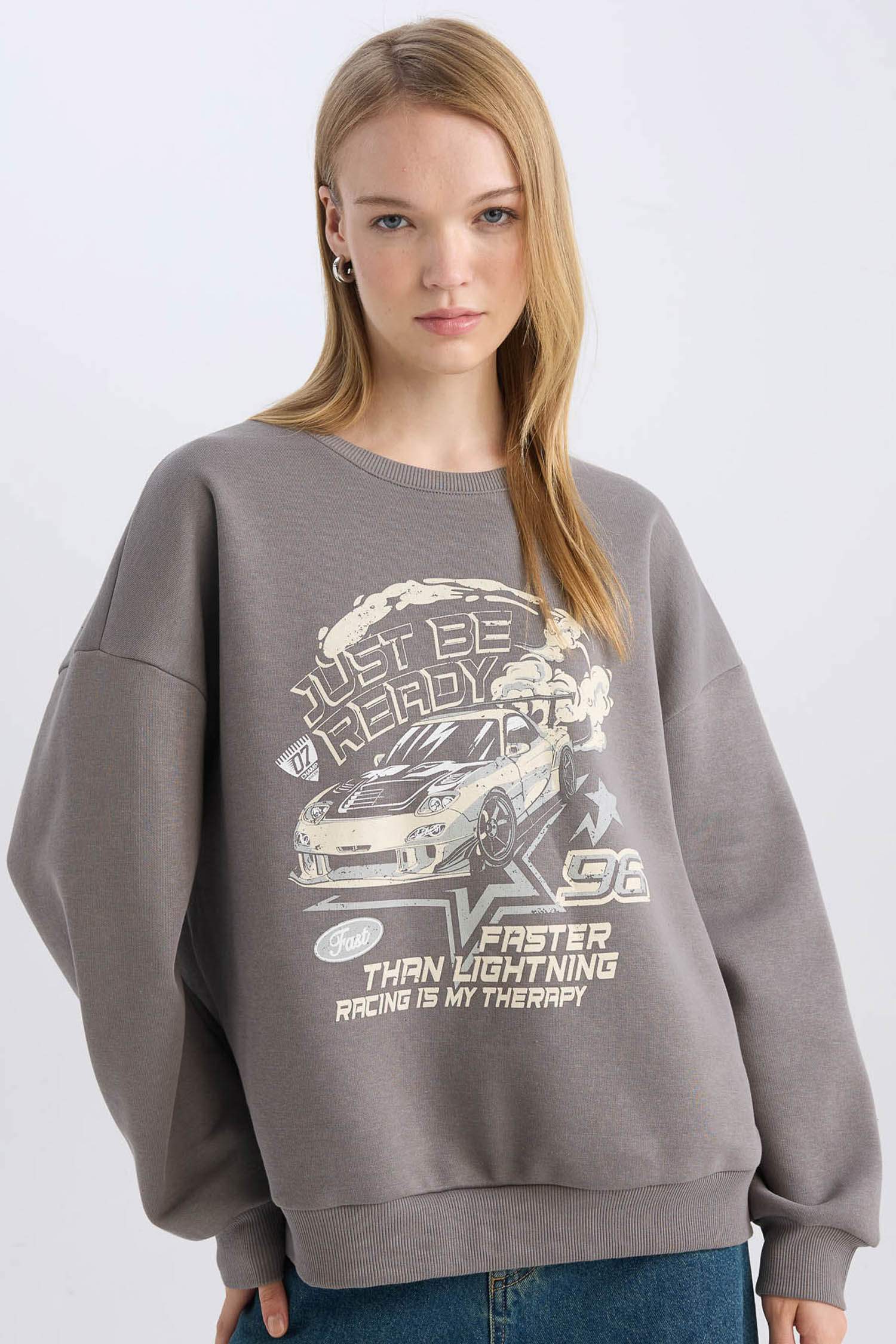 Oversize Geniş Kalıp Bisiklet Yaka Baskılı Kalın Sweatshirt