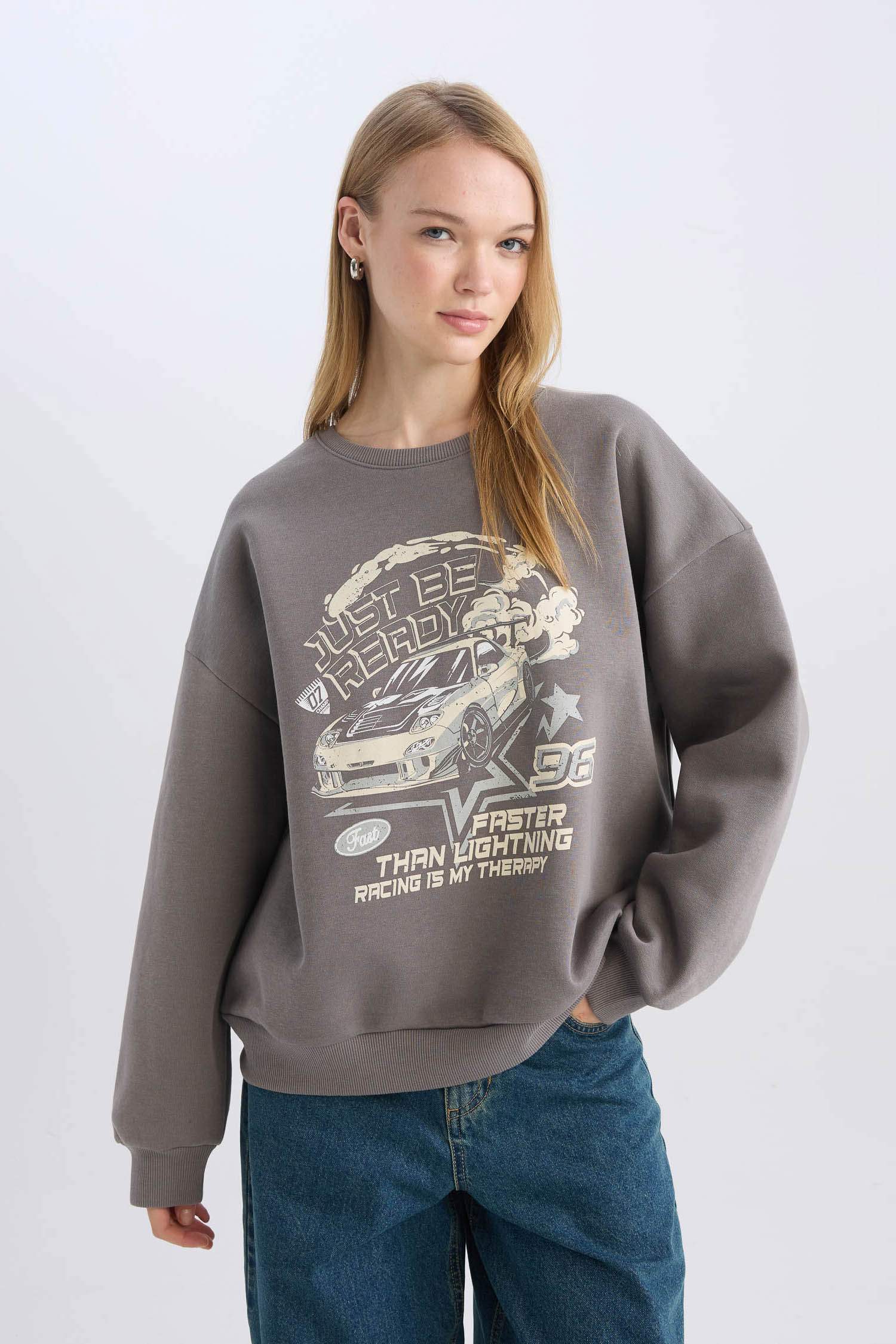 Oversize Geniş Kalıp Bisiklet Yaka Baskılı Kalın Sweatshirt