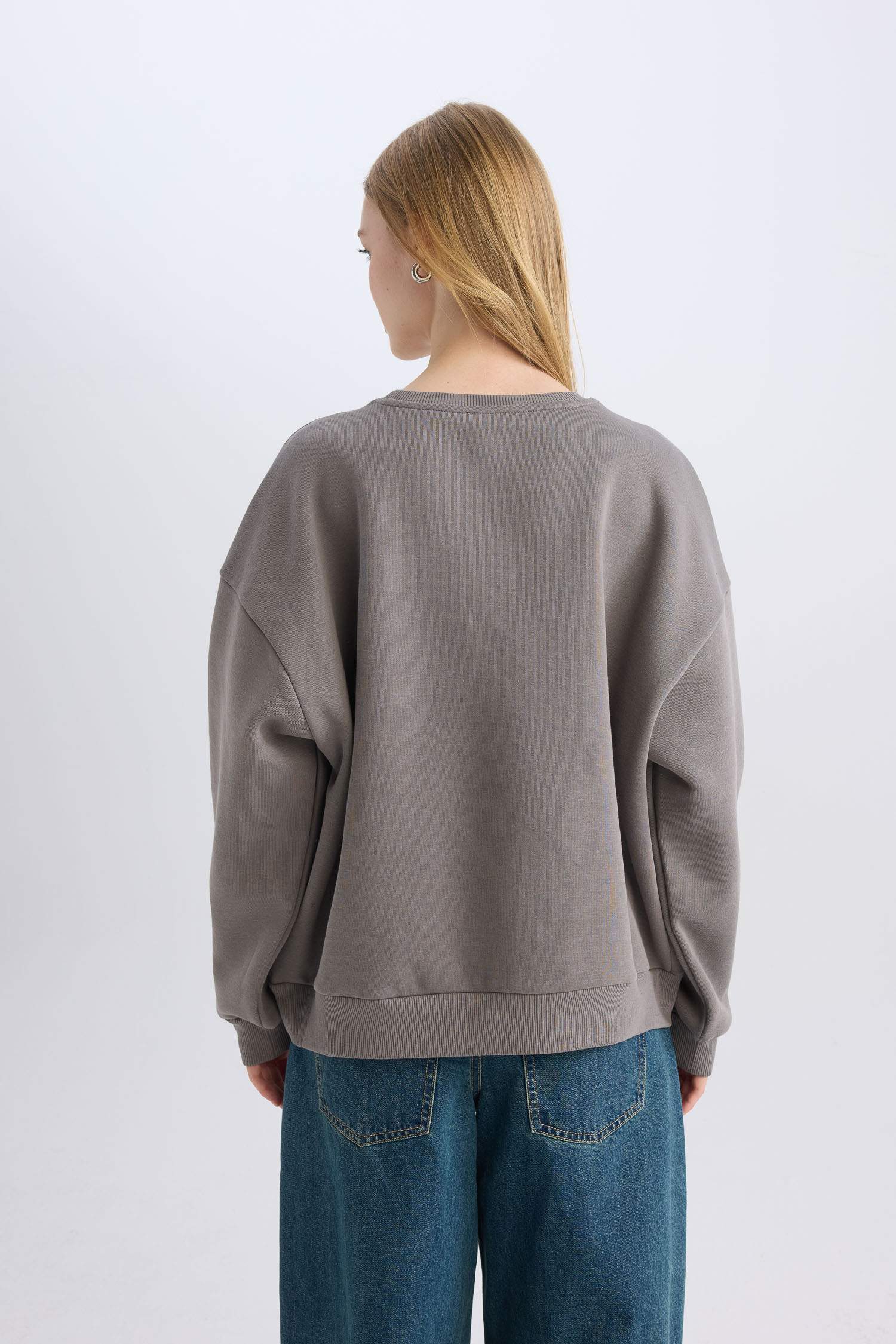 Oversize Geniş Kalıp Bisiklet Yaka Baskılı Kalın Sweatshirt