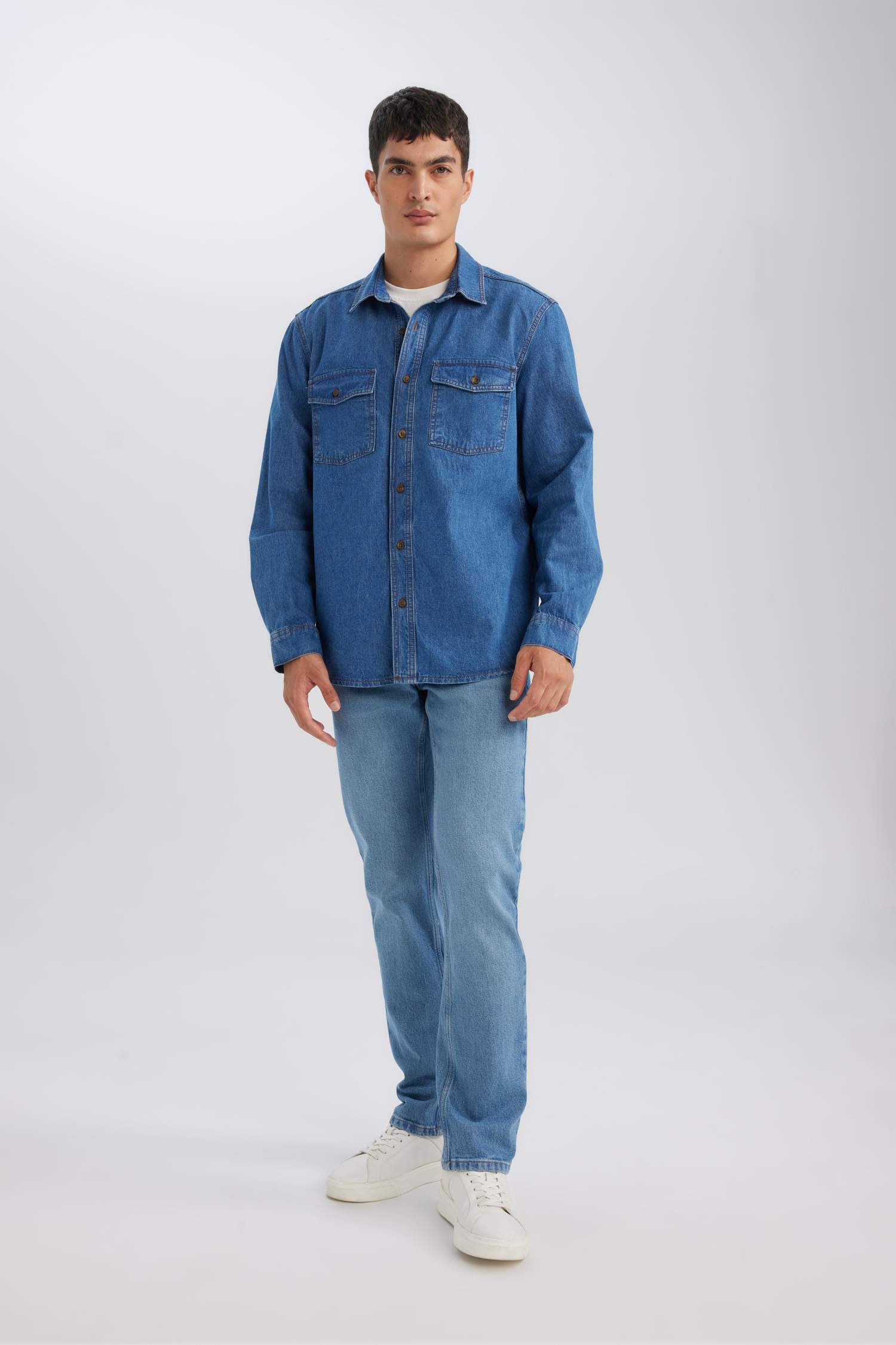 Regular Fit Polo Neck Denim Basic Shirt
