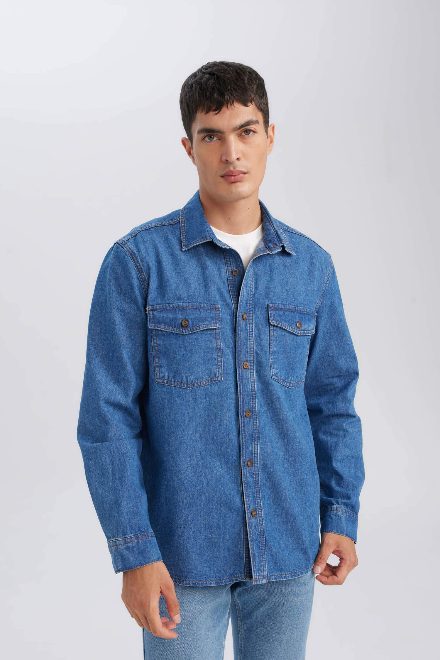 Regular Fit Polo Neck Denim Basic Shirt
