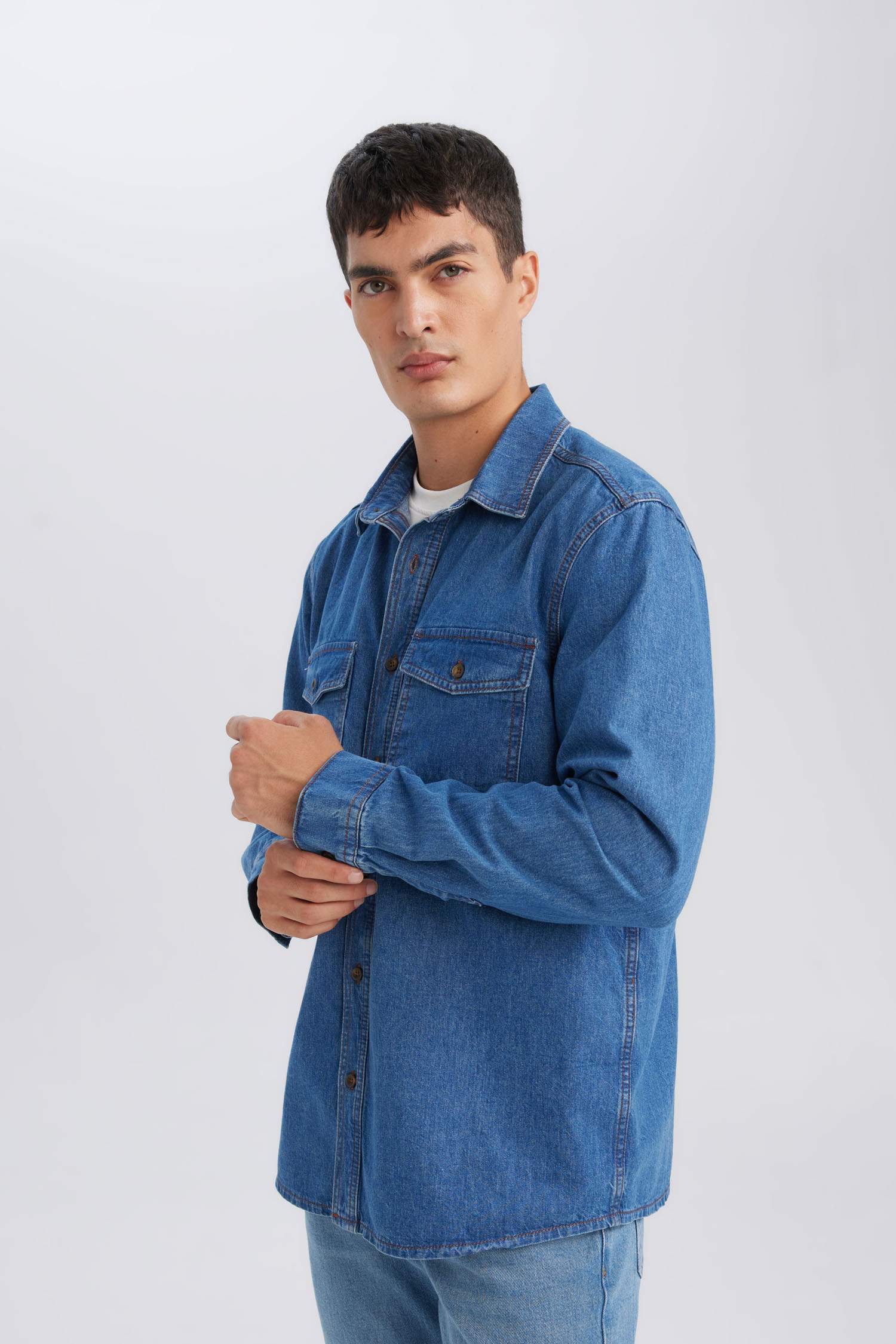 Regular Fit Polo Neck Denim Basic Shirt