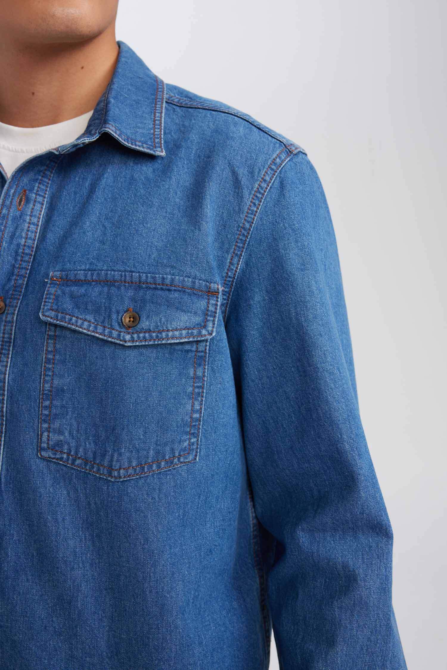 قميص جينز بيزك سادة قصة عادية ردن طويلة وياخة بولو