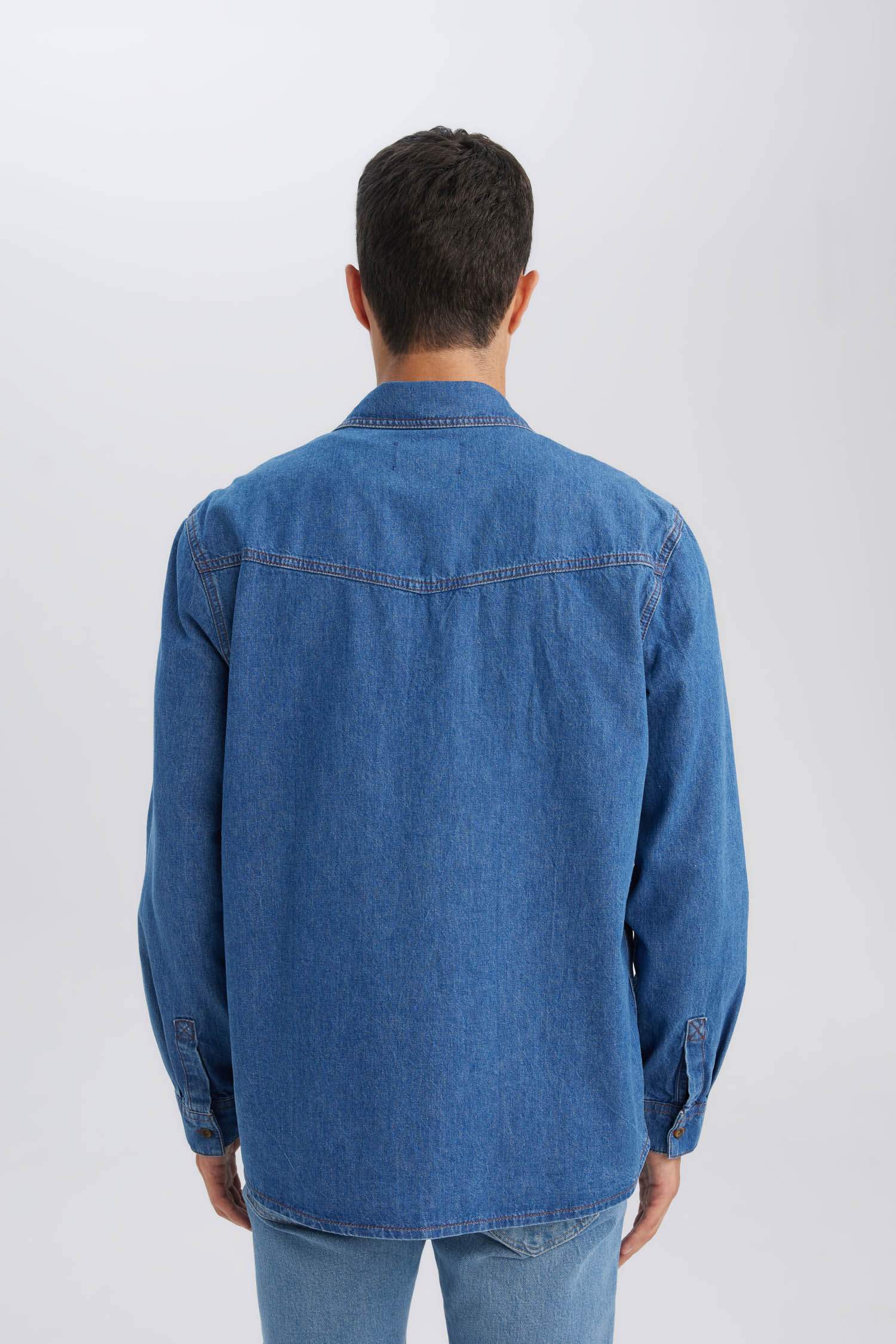 قميص جينز بيزك سادة قصة عادية ردن طويلة وياخة بولو