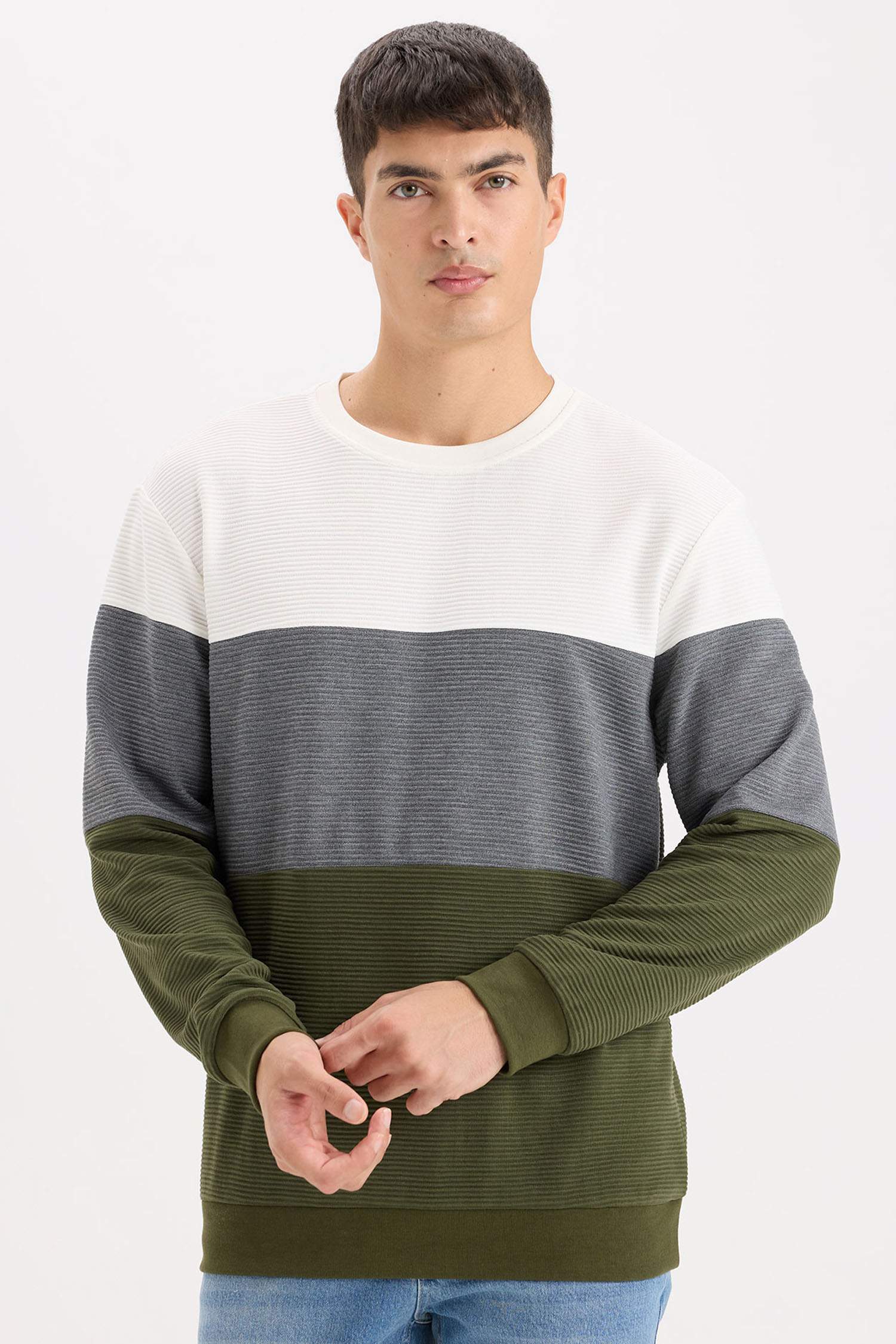 Regular Fit Bisiklet Yaka Renk Bloklu Jakarlı Sweatshirt