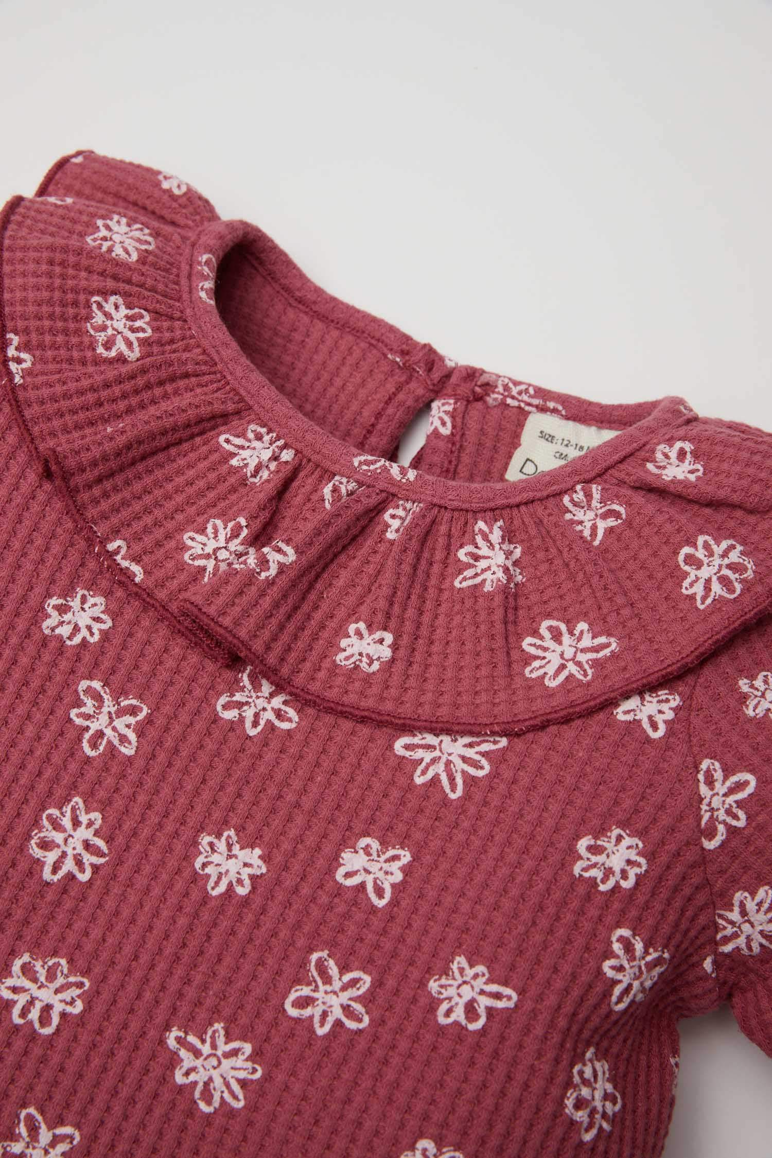 Büyük Yaka Çiçekli Waffle Uzun Kollu Tişört Kız Bebek