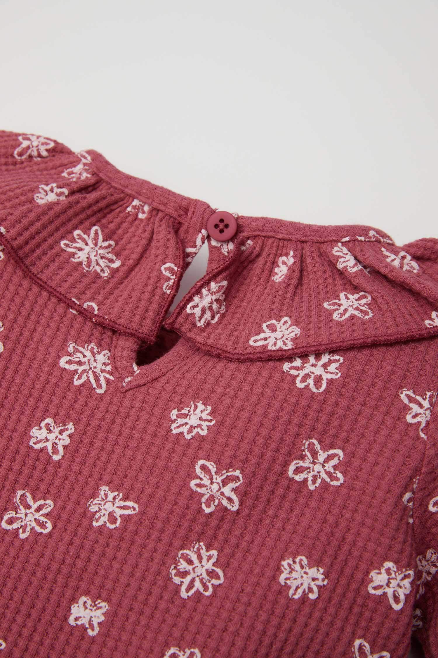 Büyük Yaka Çiçekli Waffle Uzun Kollu Tişört Kız Bebek