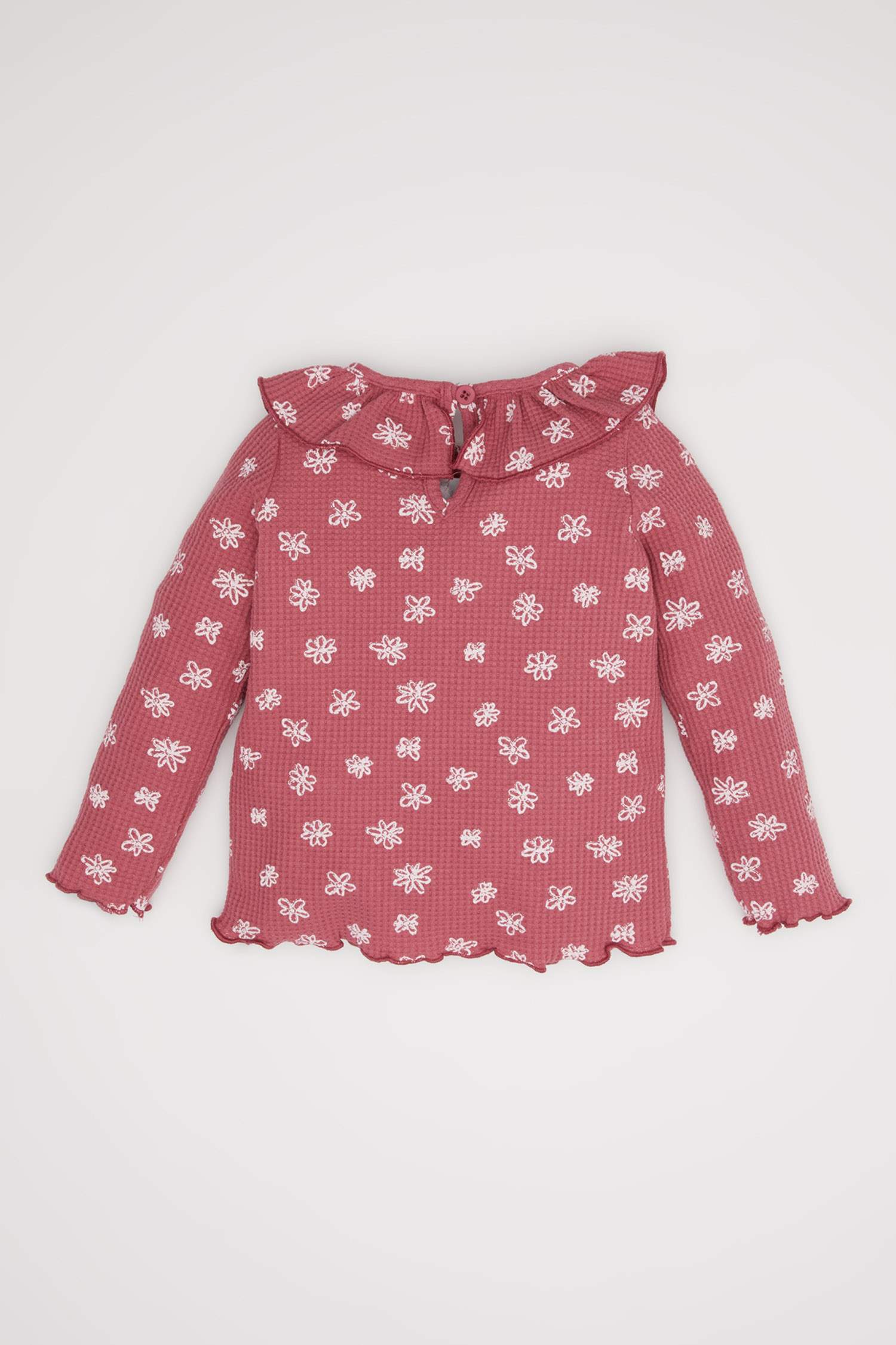 Büyük Yaka Çiçekli Waffle Uzun Kollu Tişört Kız Bebek