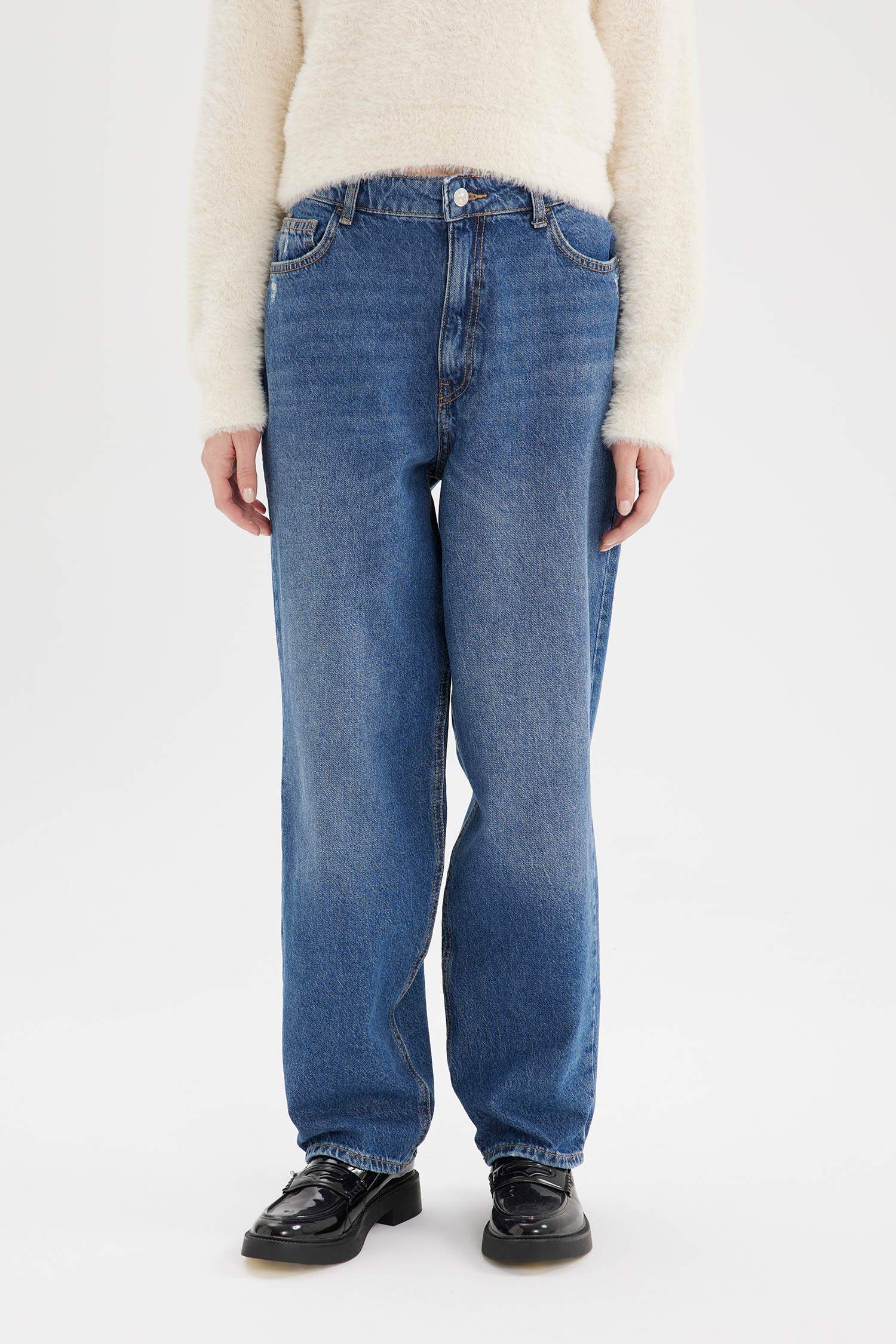 Baggy Fit Yüksek Bel Düz Paça Standart Boy Jean Yıkamalı Pantolon