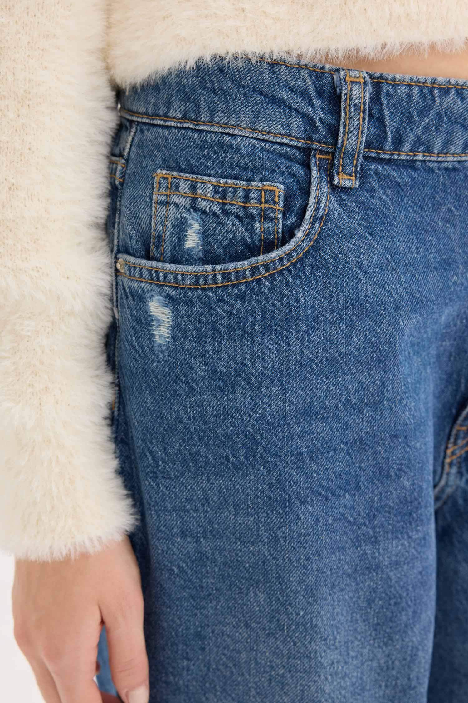 Baggy Fit Yüksek Bel Düz Paça Standart Boy Jean Yıkamalı Pantolon