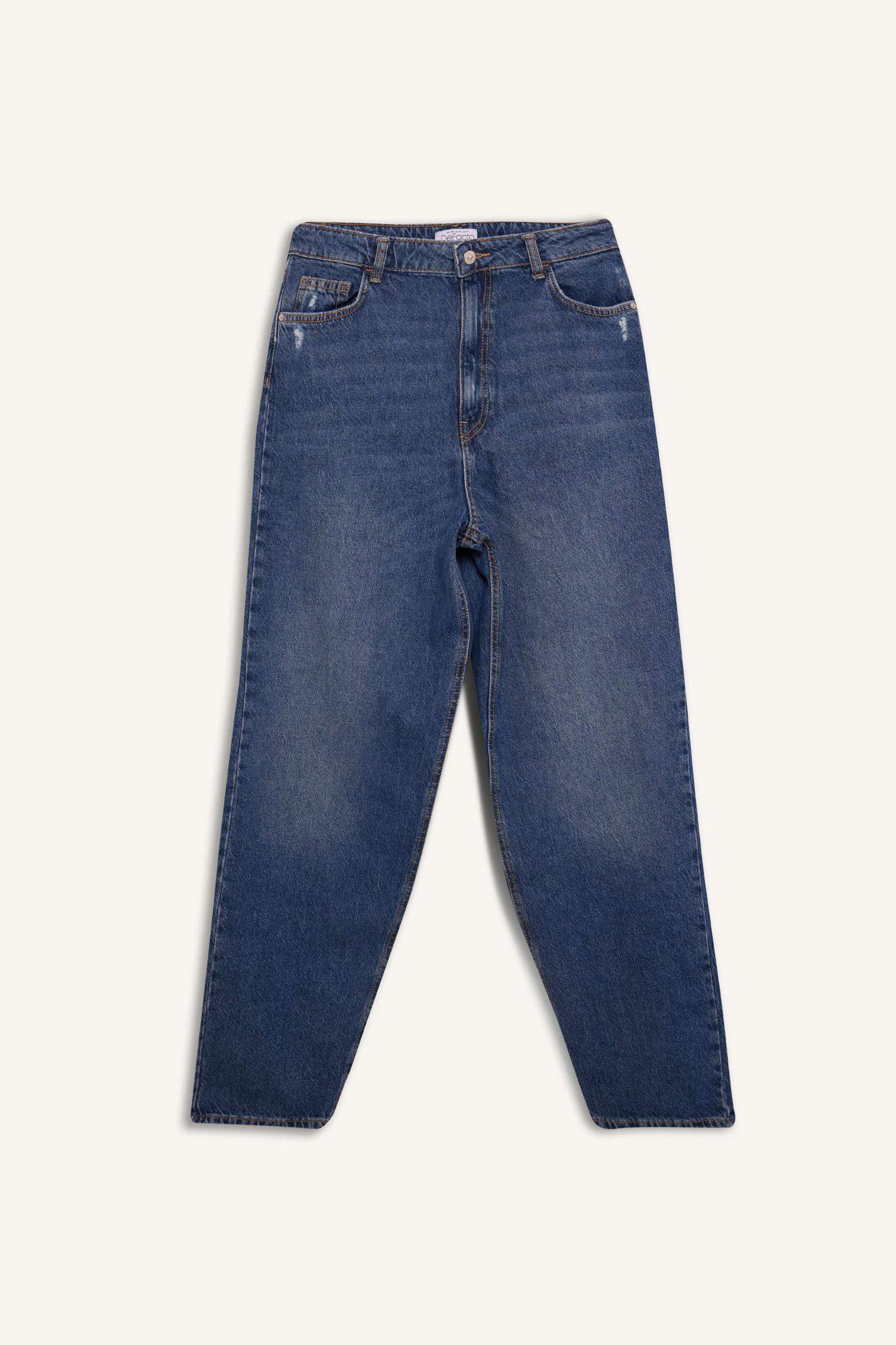 Baggy Fit Yüksek Bel Düz Paça Standart Boy Jean Yıkamalı Pantolon