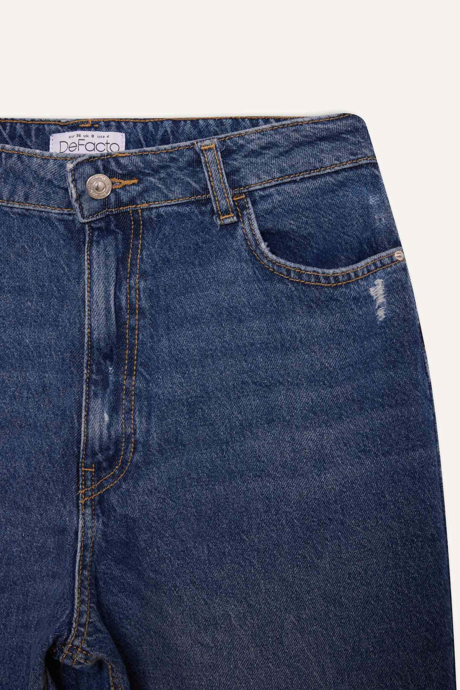 Baggy Fit Yüksek Bel Düz Paça Standart Boy Jean Yıkamalı Pantolon