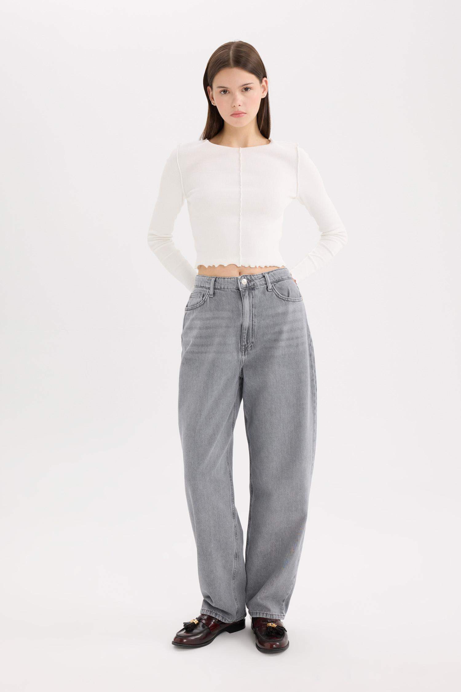 Baggy Fit Yüksek Bel Düz Paça Uzun Jean Yıkamalı Pantolon