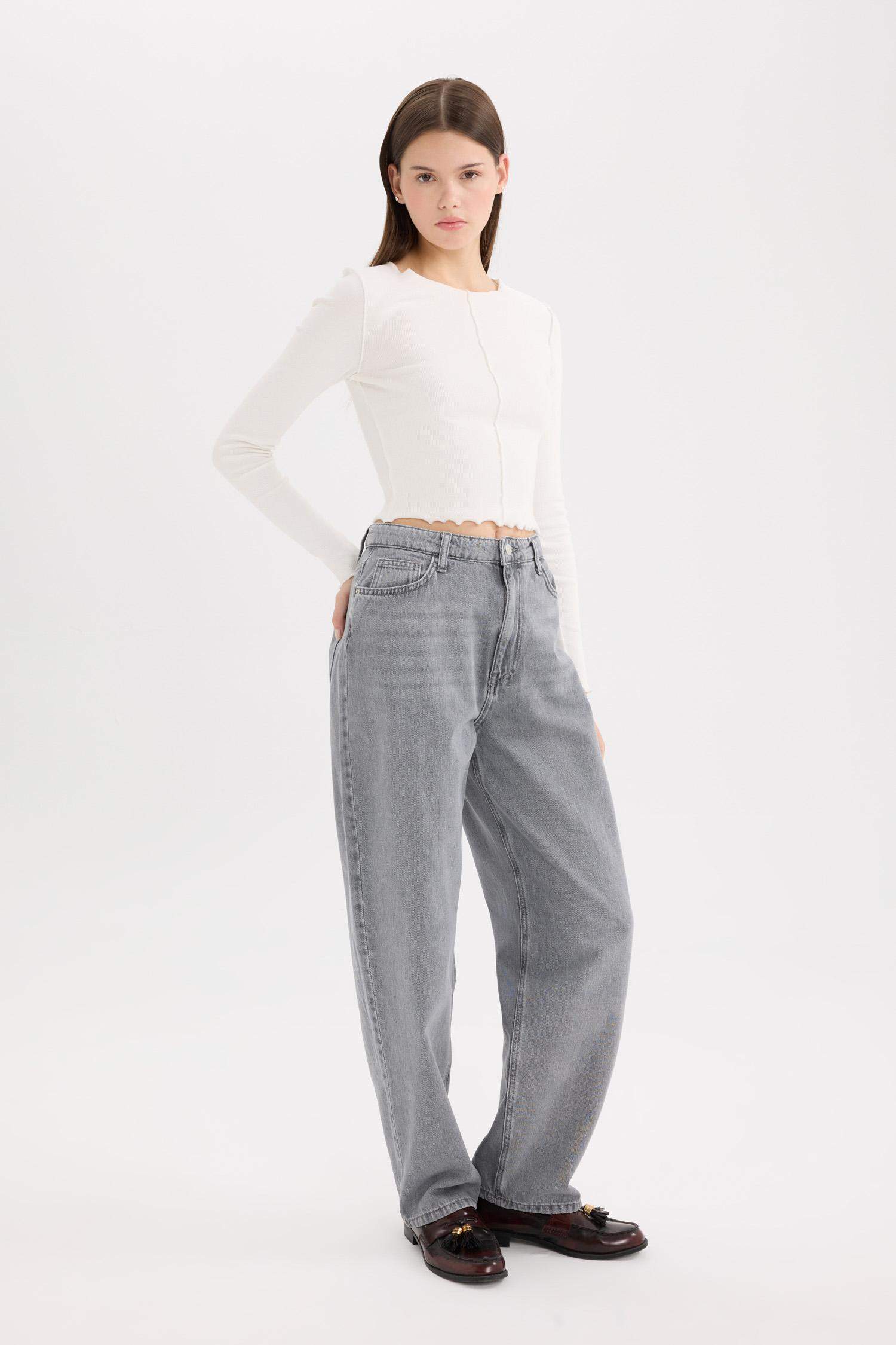 Baggy Fit Yüksek Bel Düz Paça Uzun Jean Yıkamalı Pantolon