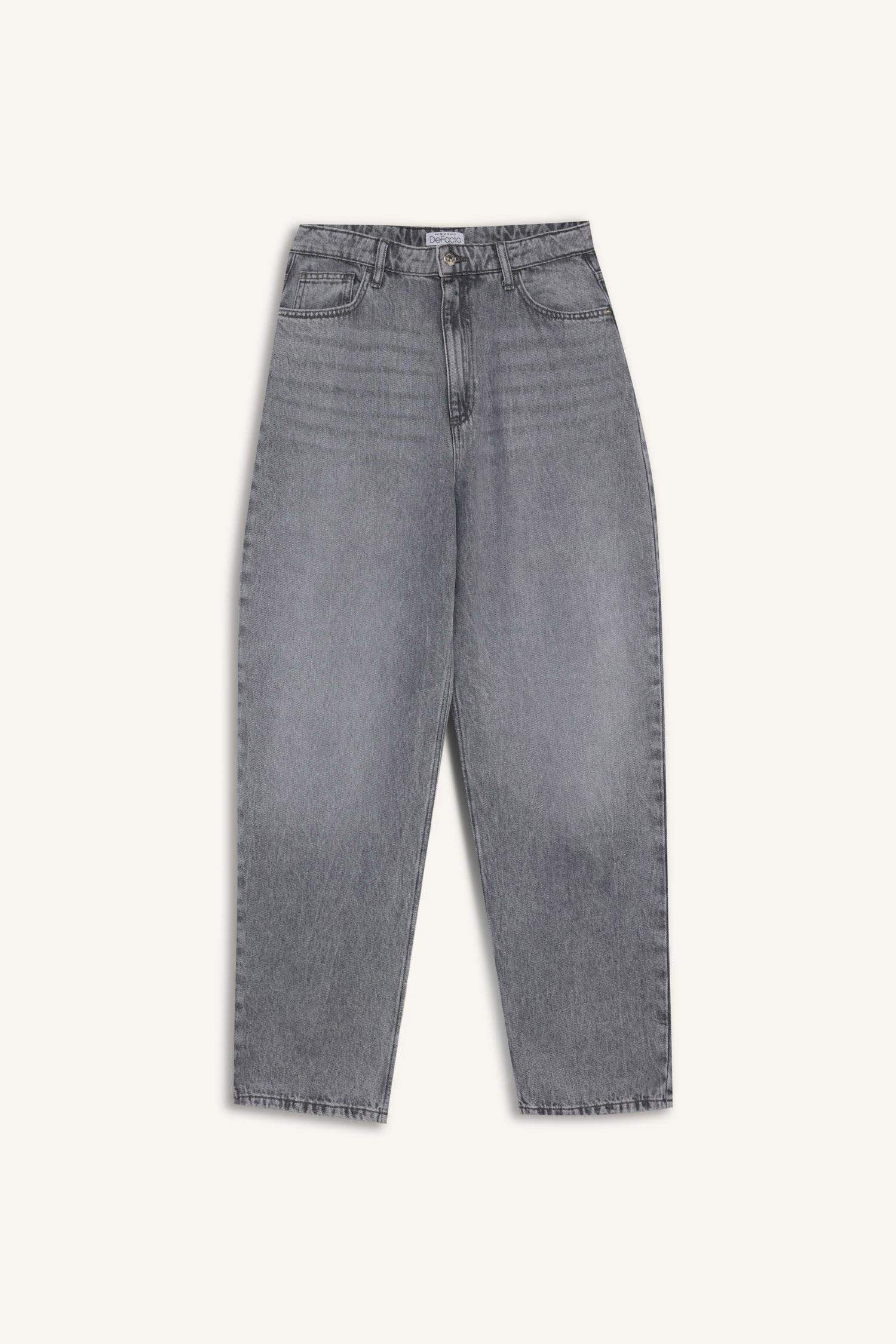 Baggy Fit Yüksek Bel Düz Paça Uzun Jean Yıkamalı Pantolon