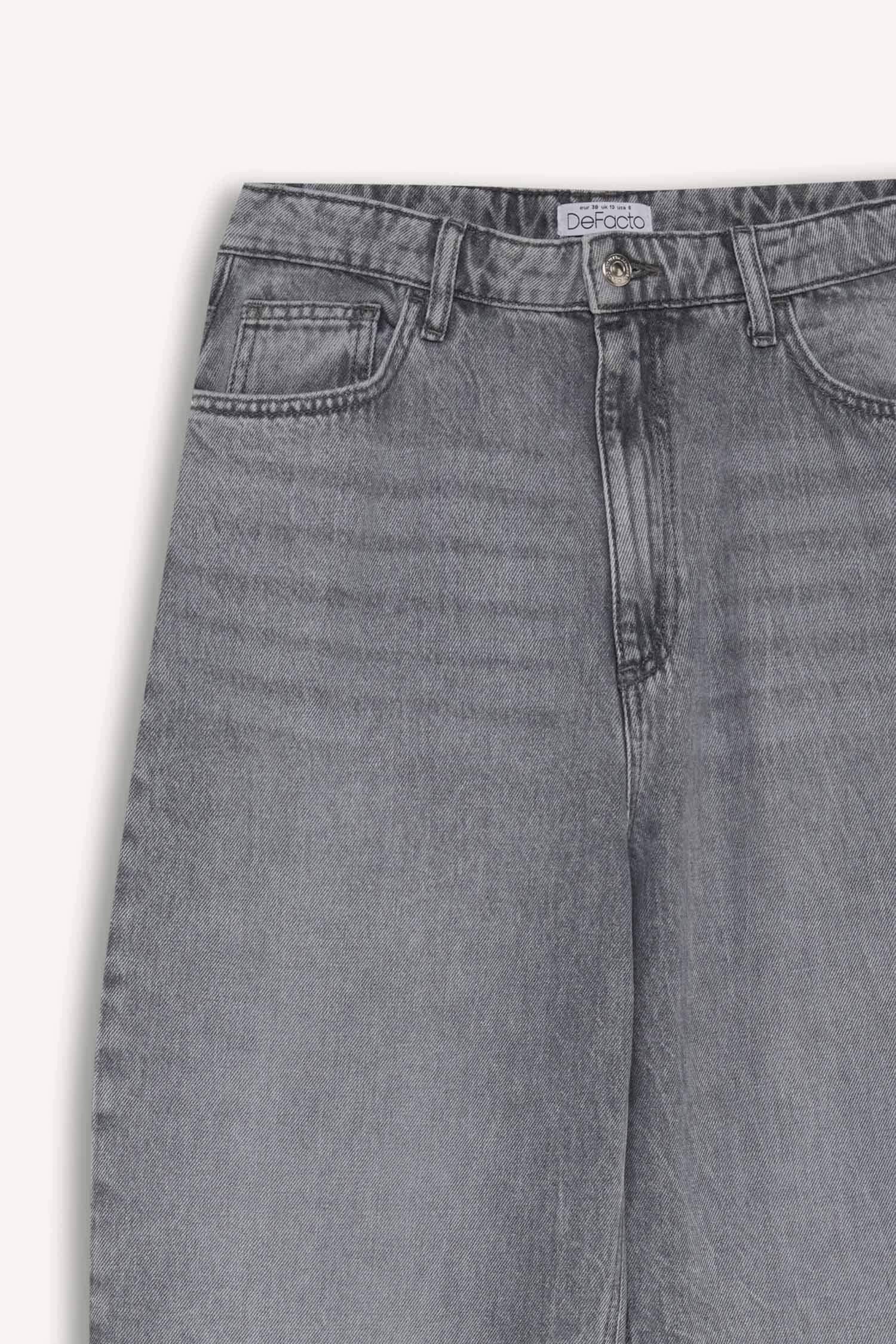 Baggy Fit Yüksek Bel Düz Paça Uzun Jean Yıkamalı Pantolon
