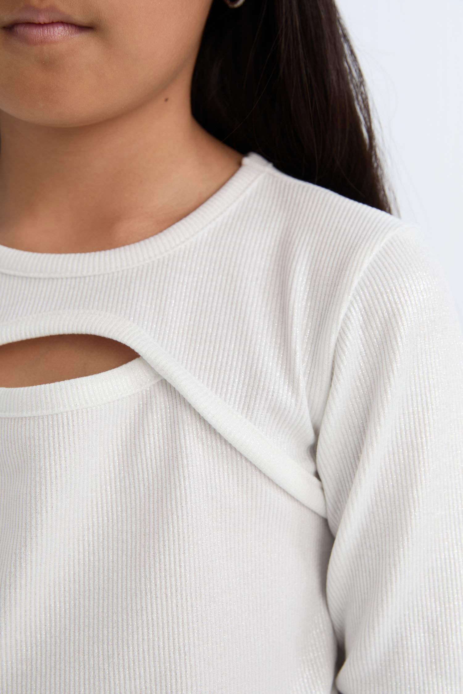 T-shirt Slim à manches longues et col rond en tissu brillant pour Fille