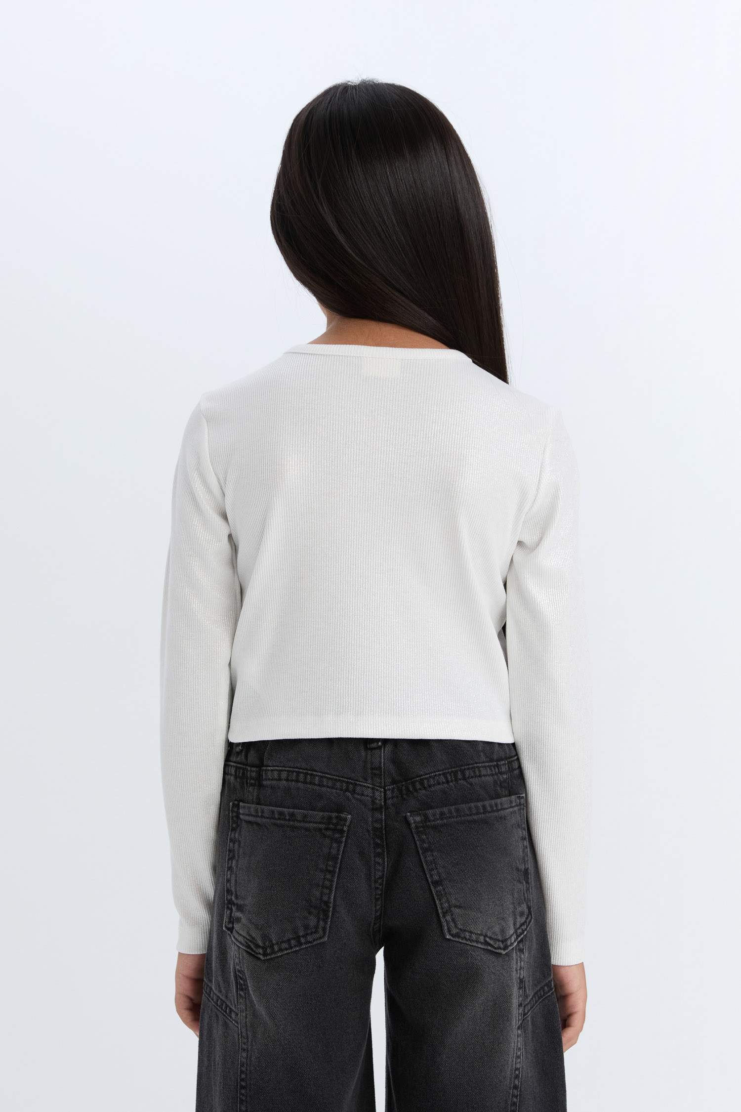 T-shirt Slim à manches longues et col rond en tissu brillant pour Fille